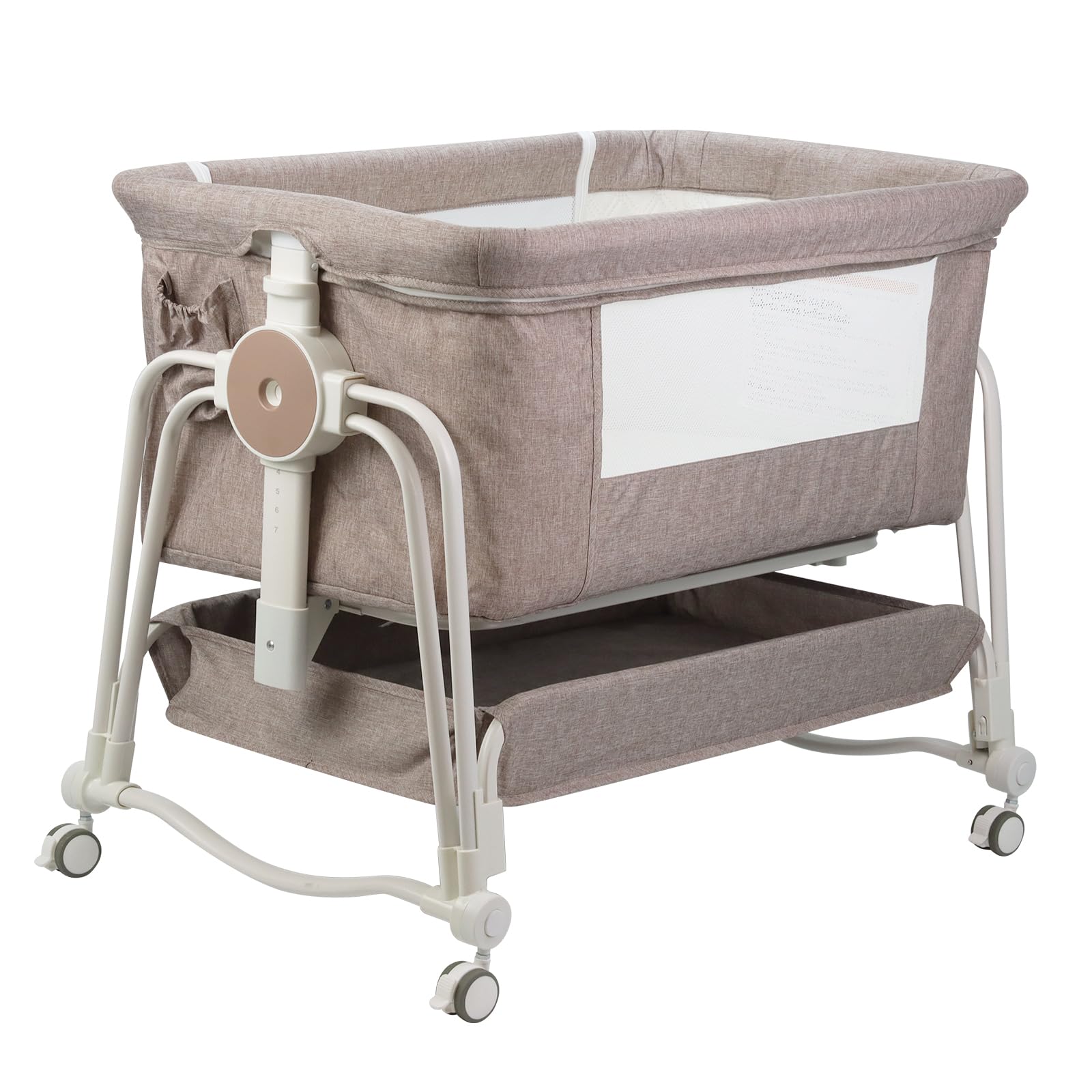 4 In 1 Baby Bassinet Bedside Sleeper, Rocking Bassinet for Baby, Bedside Sleeper with Wheels, Storage, Mosquito Net and matress included, 7 Level Adjustable Bedside Bassinet for Newborn Baby(Khaki)