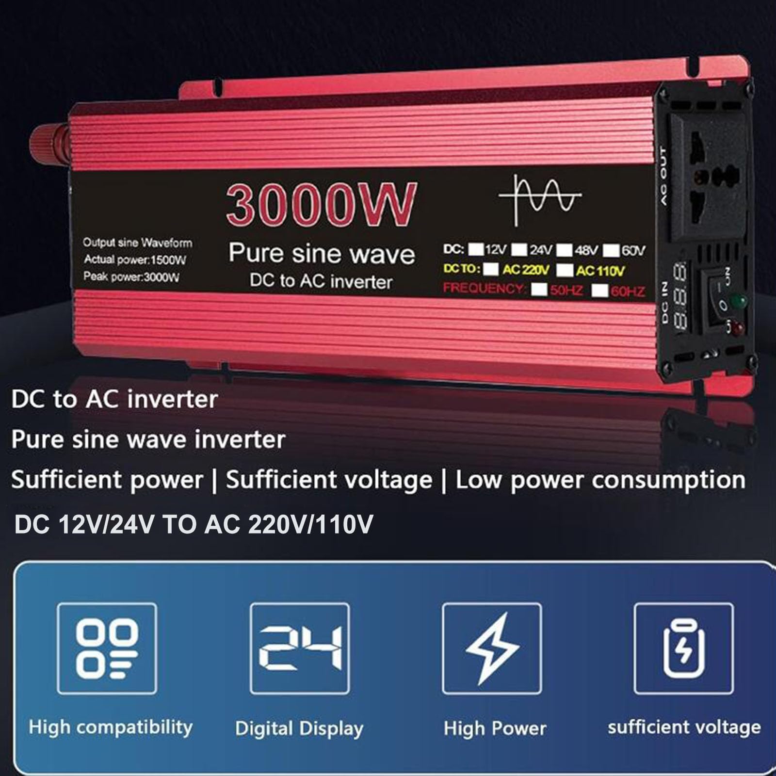 3000W czysta fala sinusoidalna przetwornica DC 12 V/24 V do AC 110 V/220 V transformator napięcia samochód solarny inwertowany zasilacz przetwornica napięcia