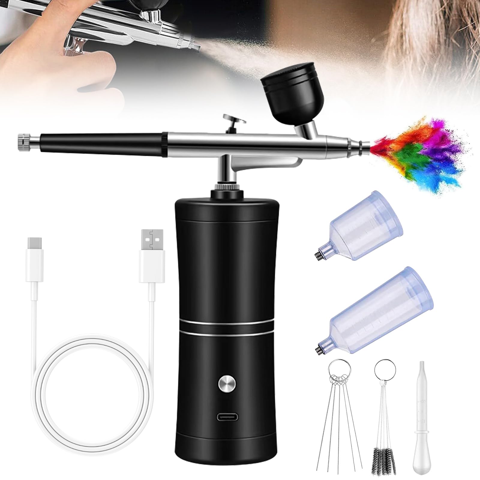 Kit Aerografo Multi Funzioni con Compressore: Kit Aerografo Senza Fili con Compressore d'aria, Spazzola ad Aria Ricaricabile per Nail Art, Decorazione di Torte, Modellazione di Tatuaggi (Nero)