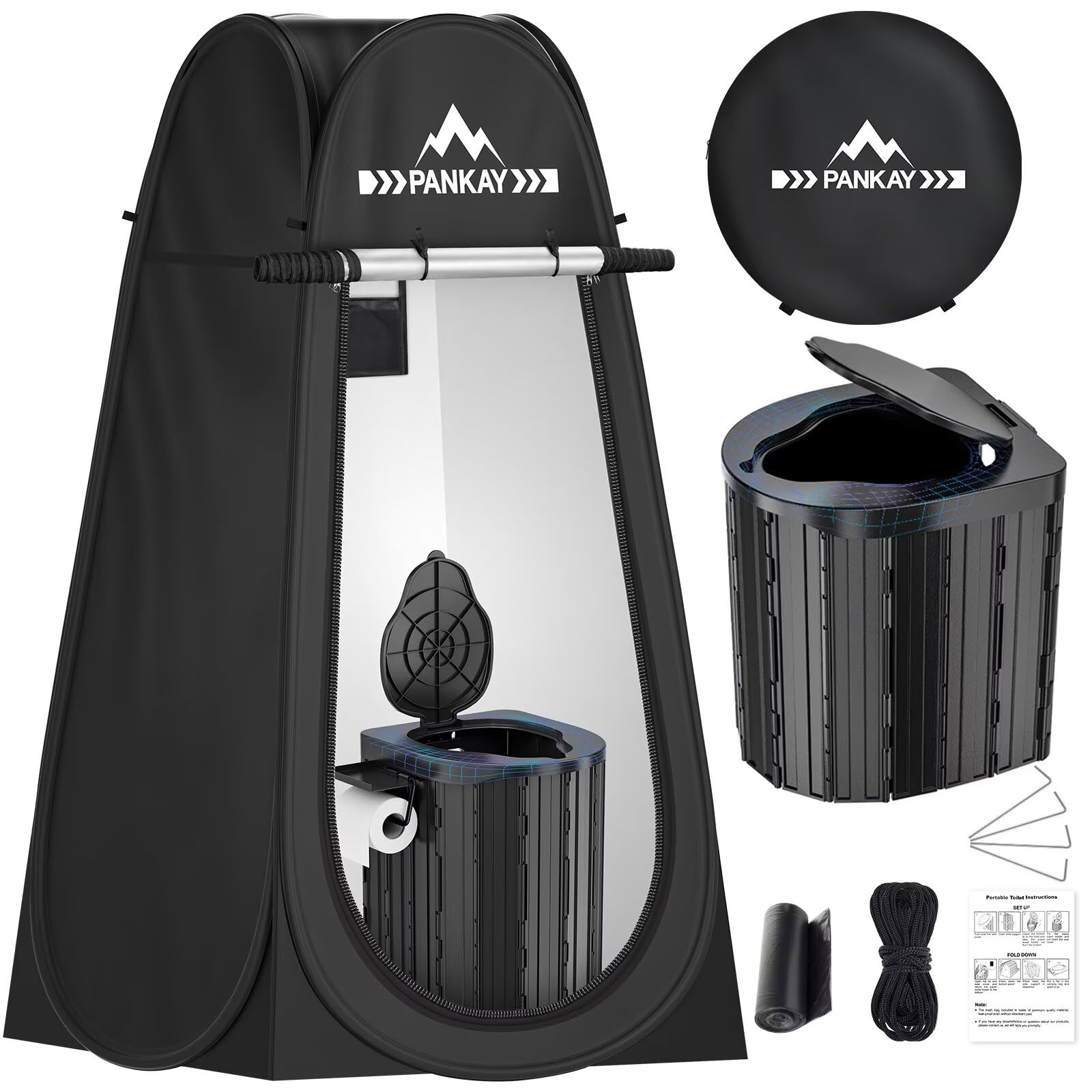 PANKAY Camping Toilet with Pop up Privacy Tent, X Large Portable Toilet Potty for Adults, Outdoor Camping Shower Tents Changing Room, Instant Pop Up, Washable Foldable Camp Toilet Kit with Carry Bag