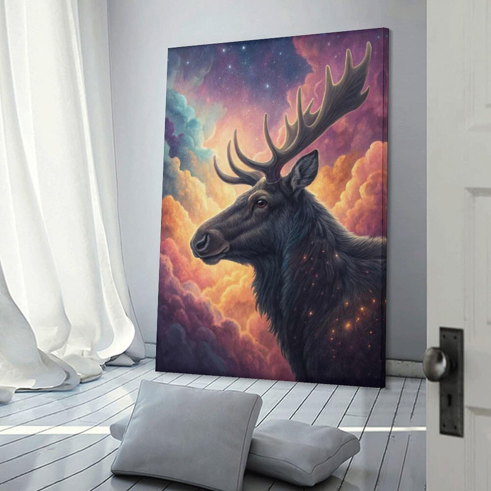 Junmoney Cosmic Moose in Nebula Canvas Wall Picture 20x30inch(50x75cm), for Living Spaces, Bedrooms Or Relaxed Rooms, Modern Wall Decor for Cosy Interiors