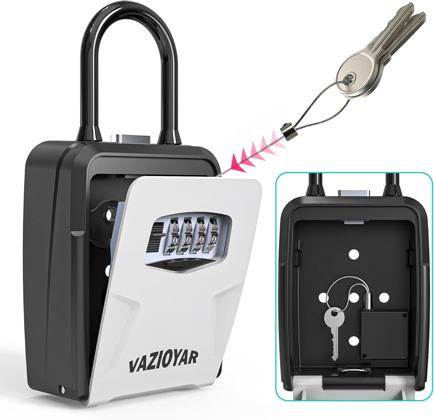Key Lock Box,With Retractable Key Tether,With removable shackle,Upgraded Wall Mounted Key Safe Box, High-Capacity Key Safe Lock Box，Aluminum Alloy Reinforced Lock Body
