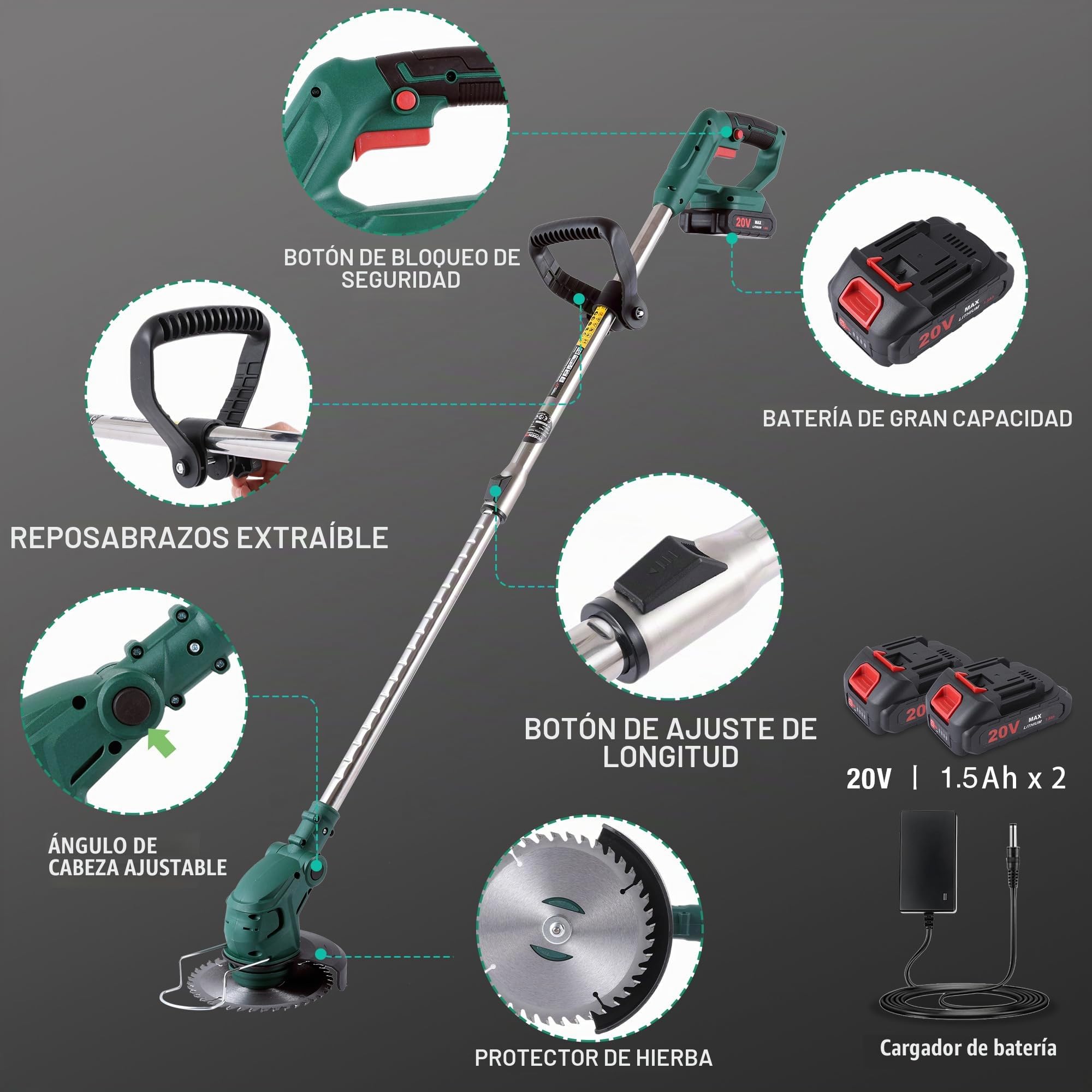 POSENPRO Desbrozadora a batería, Desbrozadora Electrica 20V, Cortacésped de batería inalámbrico, Equipada con 2 baterías y 4 Cuchillas, Mango Telescópico 86-122 cm