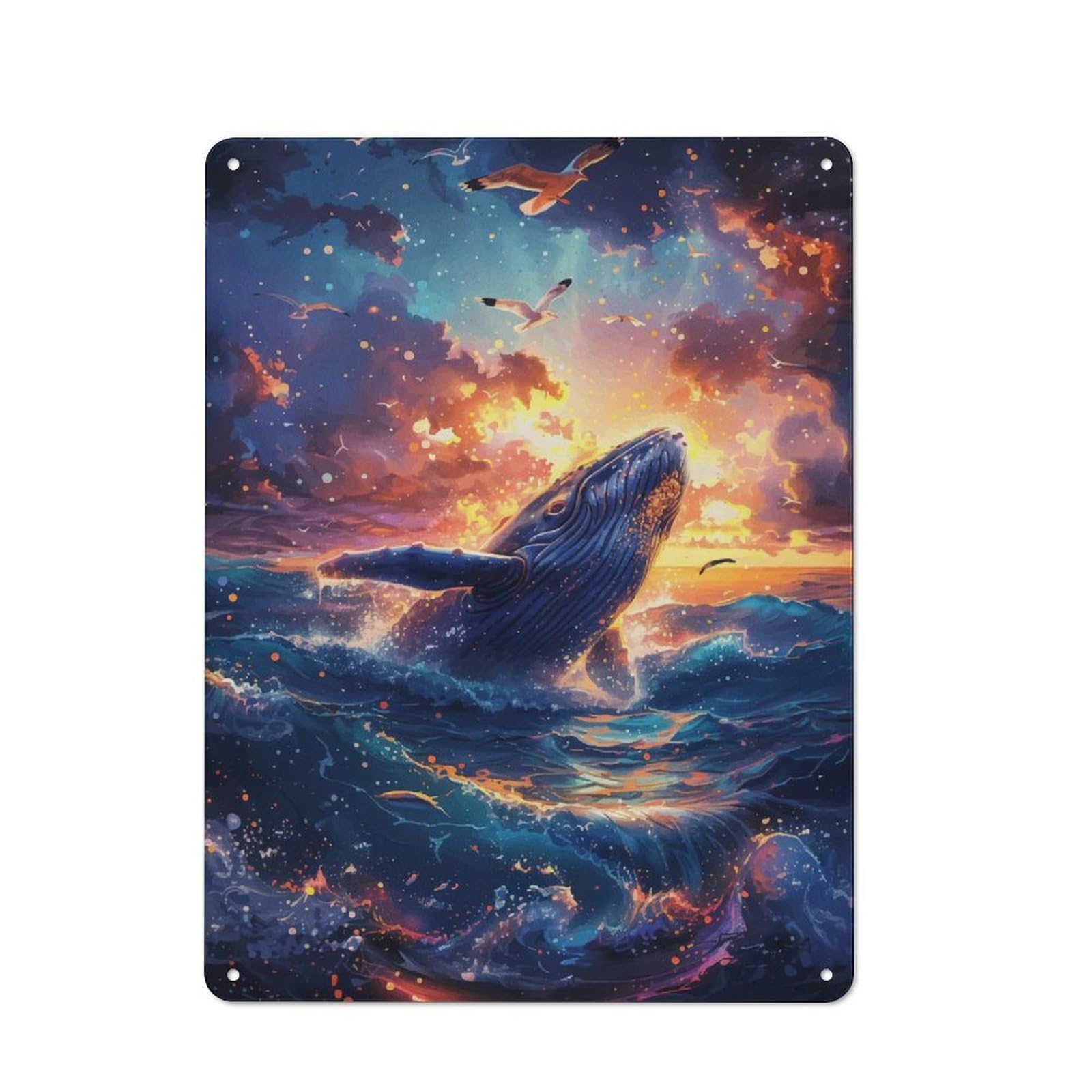 Junmoney Whale Breaching At Sunset With Seagulls Rustic Metal Wall Sign 40X30cm For Café Or Restaurant, Gift Idea At Christmas For Café Owners And Decorators