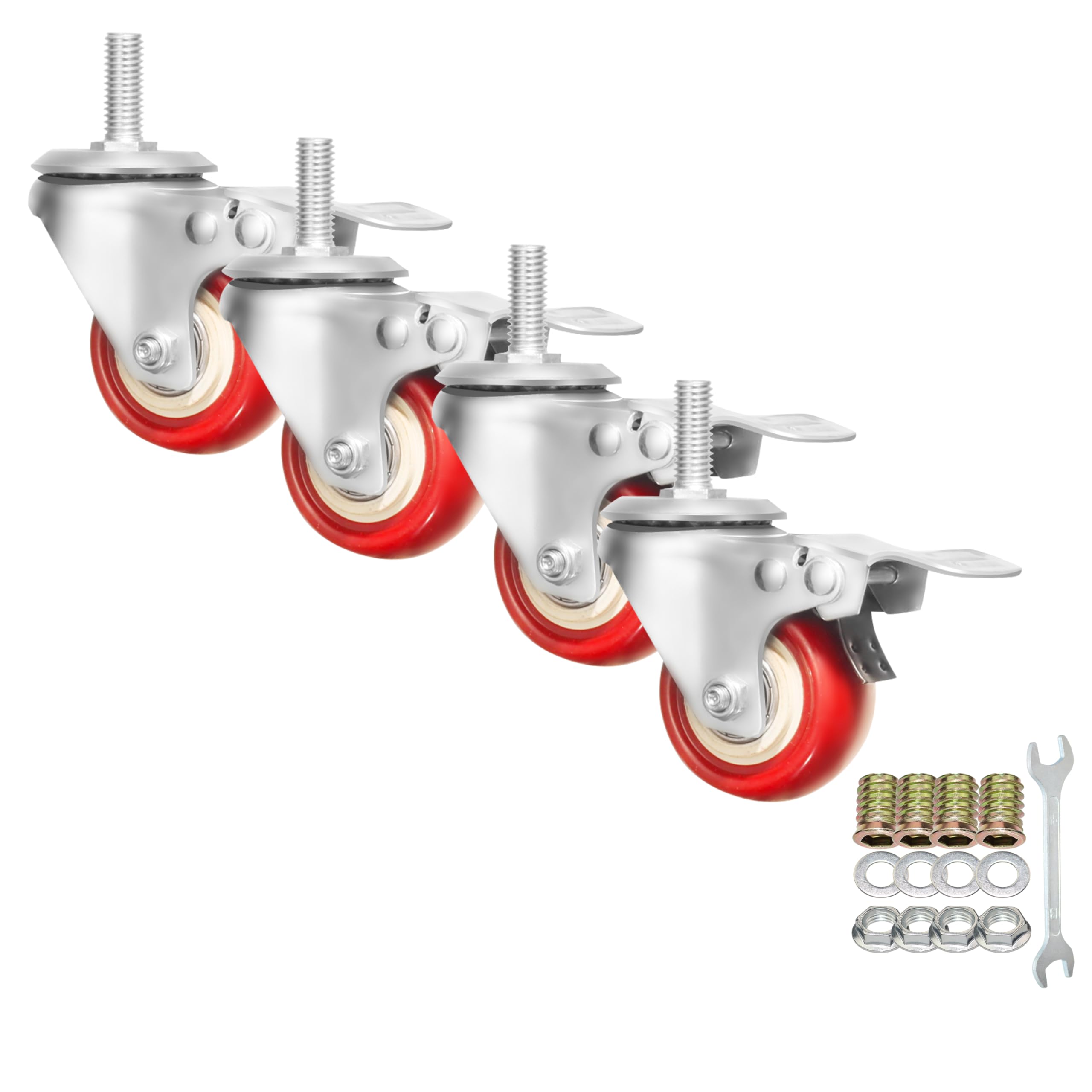 Ruote piroettanti con perno, ruote robuste con doppio bloccaggio e ruote in PU rosse, silenziose e senza segni, con filettatura metrica M10-1.5x25mm, ruote per carichi pesanti, confezione da 4