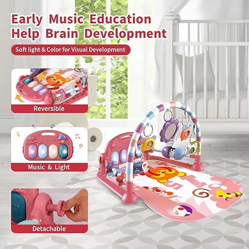 Miniatura 6 de Tapete de juego de gimnasio para bebé, tapete de piano para bebé, luces para patear y jugar, juguetes para el tiempo boca abajo, para actividades
