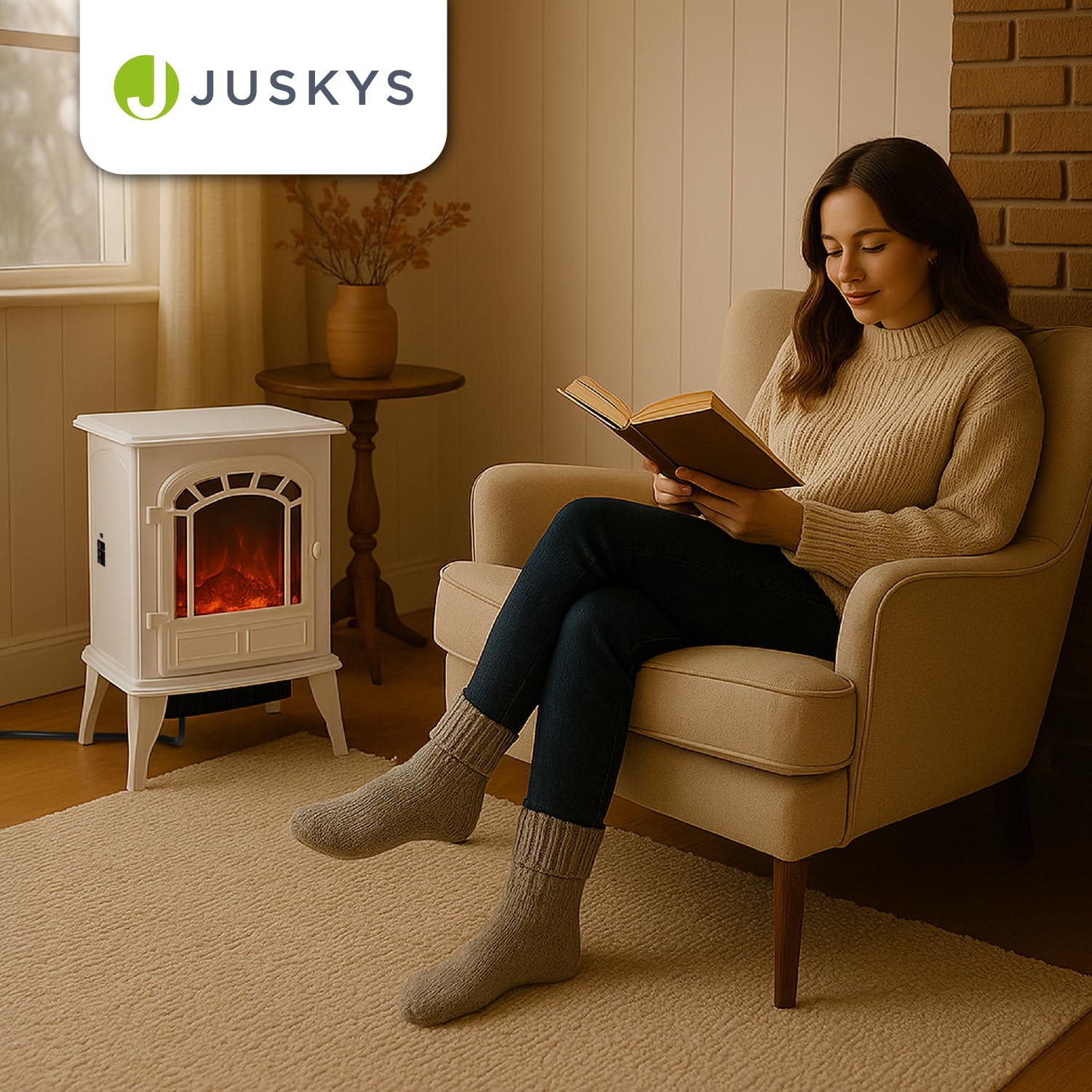 Juskys Camino elettrico 2000 W – Bianco, caminetto autoportante con effetto fiamma, 2 livelli di calore, termostato e spegnimento di sicurezza per il soggiorno