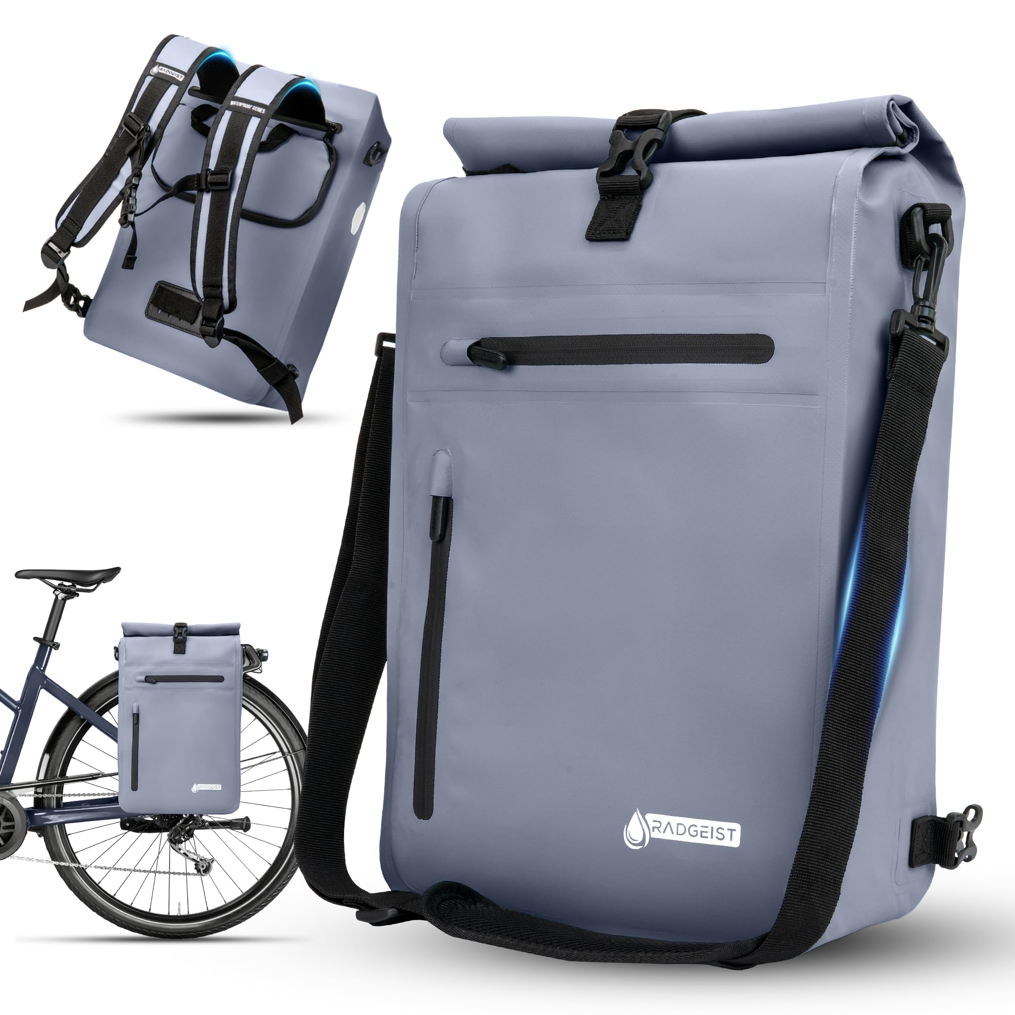 RADGEIST 3-in-1 Bicycle Bag for Pannier Rack - Waterproof Pannier Rack Bag, Extra Robust with Quick Attachment - Bicycle Bag Backpack (20 Liters) - Bicycle Backpack (Gray) — image 1