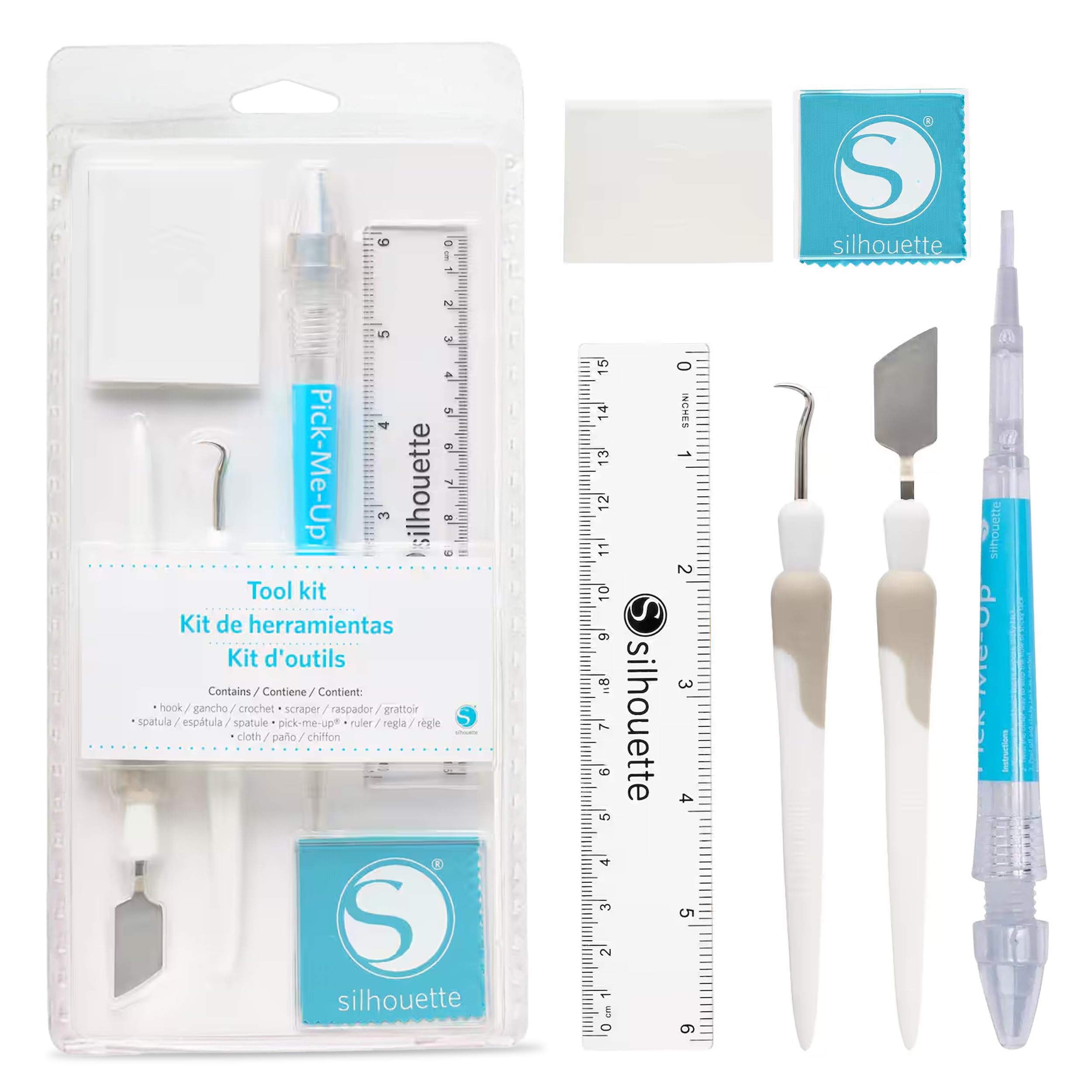 Silhouette Kit Tool, White | Includes Hook, Scraper, Spatula, Pick-Me-Up, 6" Ruler & Microfiber Cloth - Perfect for Silhouette Machine Users