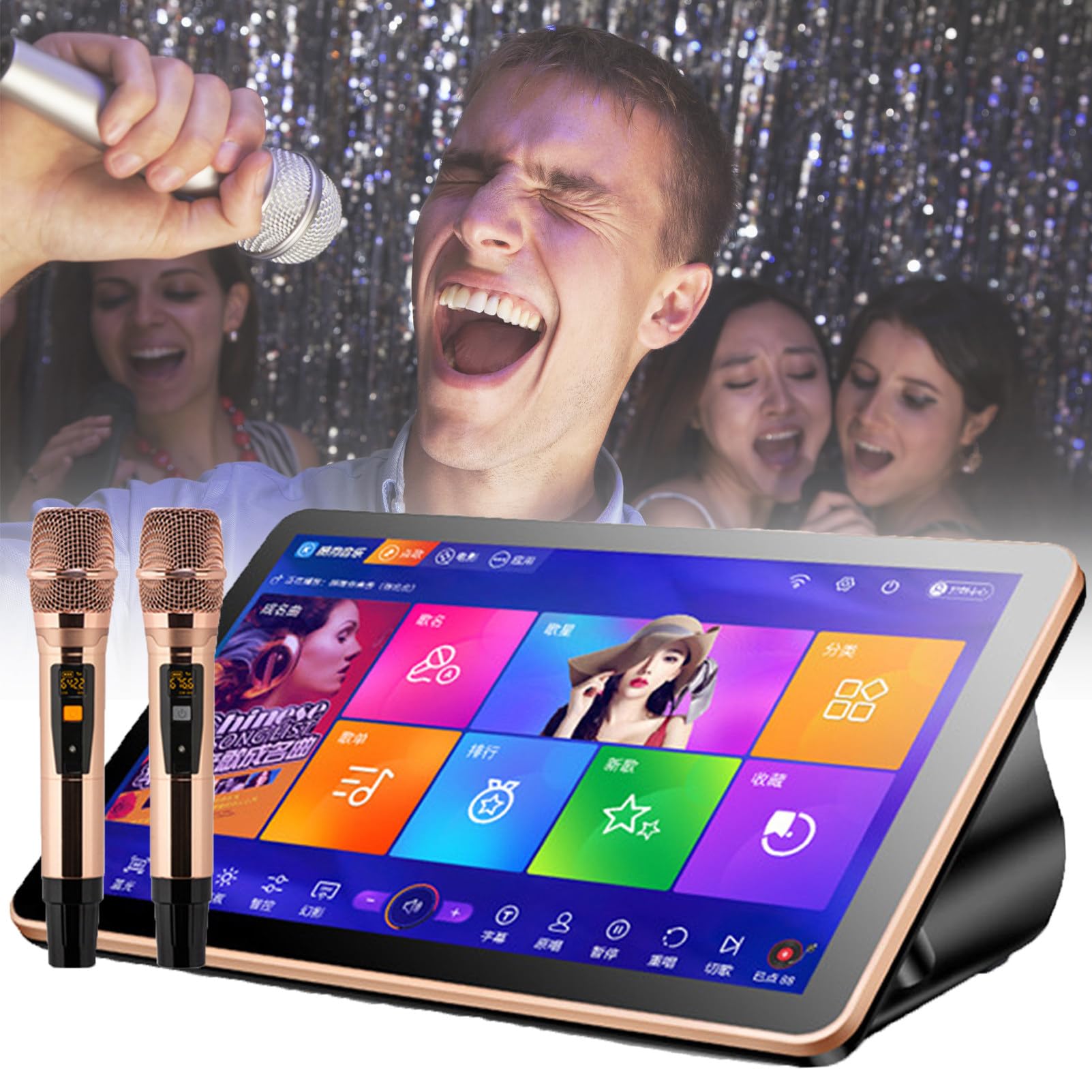 Macchina per Karaoke Intelligente, Lettore Karaoke Professionale con Schermo Touch da 18,5 Pollici, Schermo di visualizzazione dei Testi, Microfono Wireless, App Youtube Online, Nero-8 TB