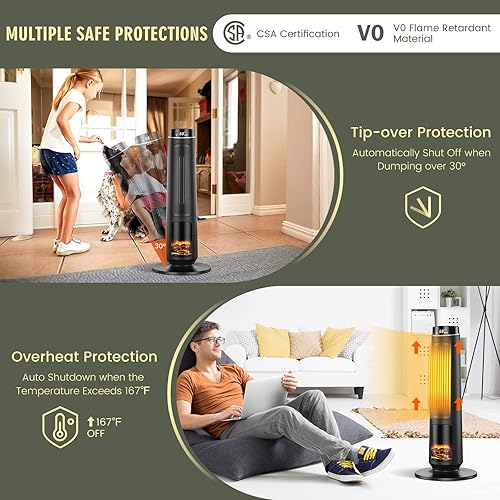Miniatura 6 de COSTWAY Calentador eléctrico para uso en interiores, calentador de torre de cerámica PTC de 1500 W de calentamiento rápido con control remoto, llama