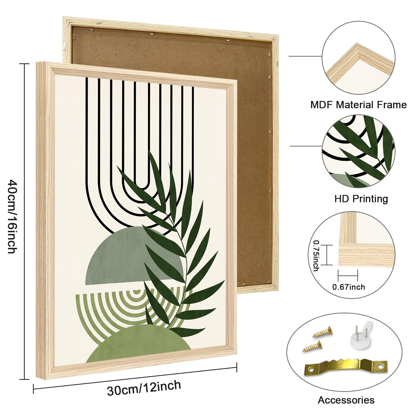 3 Pcs Wooden Framed Canvas Wall Art Set Bohemian Sage Green Canvas Prints Poster Geometric Line Beige Green Pictures for Living Room Bedroom Dinning Room Hallway Stairs Wall Decor 30x40cm x3pcs — view 506