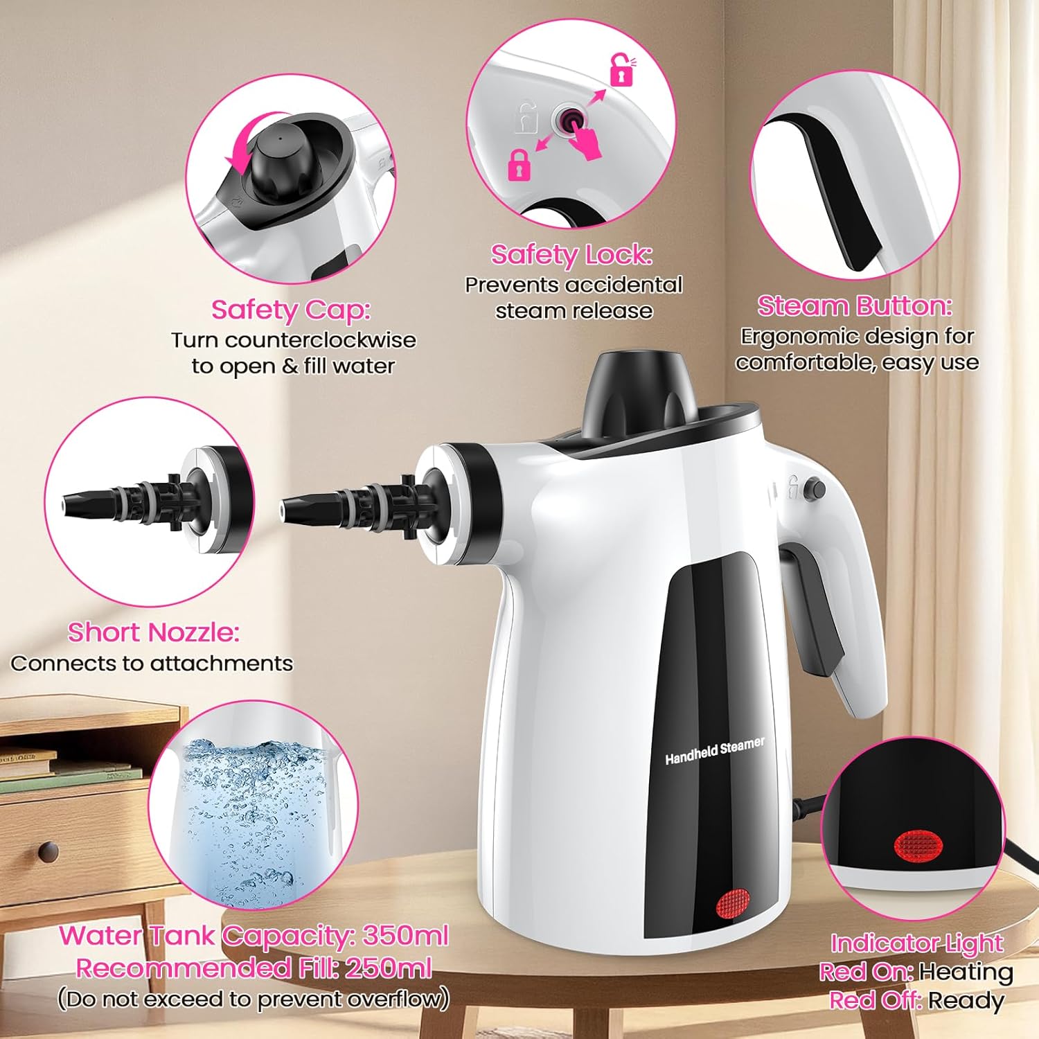 LABIGO Steam Cleaner, Pressurized Handheld Multi-Surface Natural Steam Cleaner with 12pcs Accessory & Safety Lock, Portable Steamer for Cleaning Home, Kitchen, Bathroom, Car, Upholstery, Grout, Window