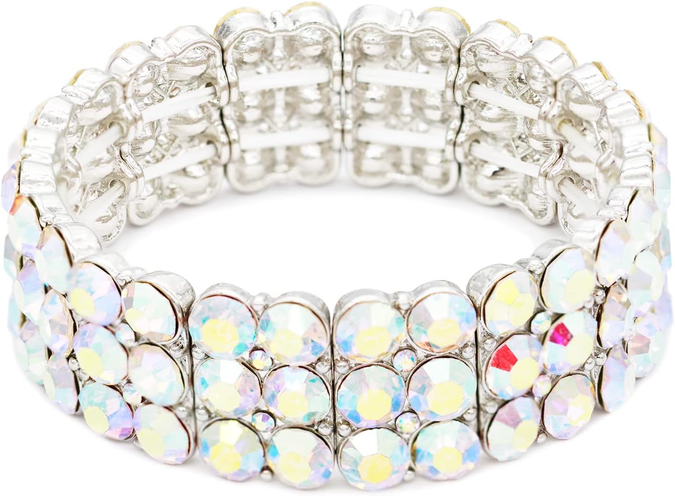 Lavencious Round Shape Rhinestone 3 Lines Stretch Bracelet Evening Party Jewelry 7”