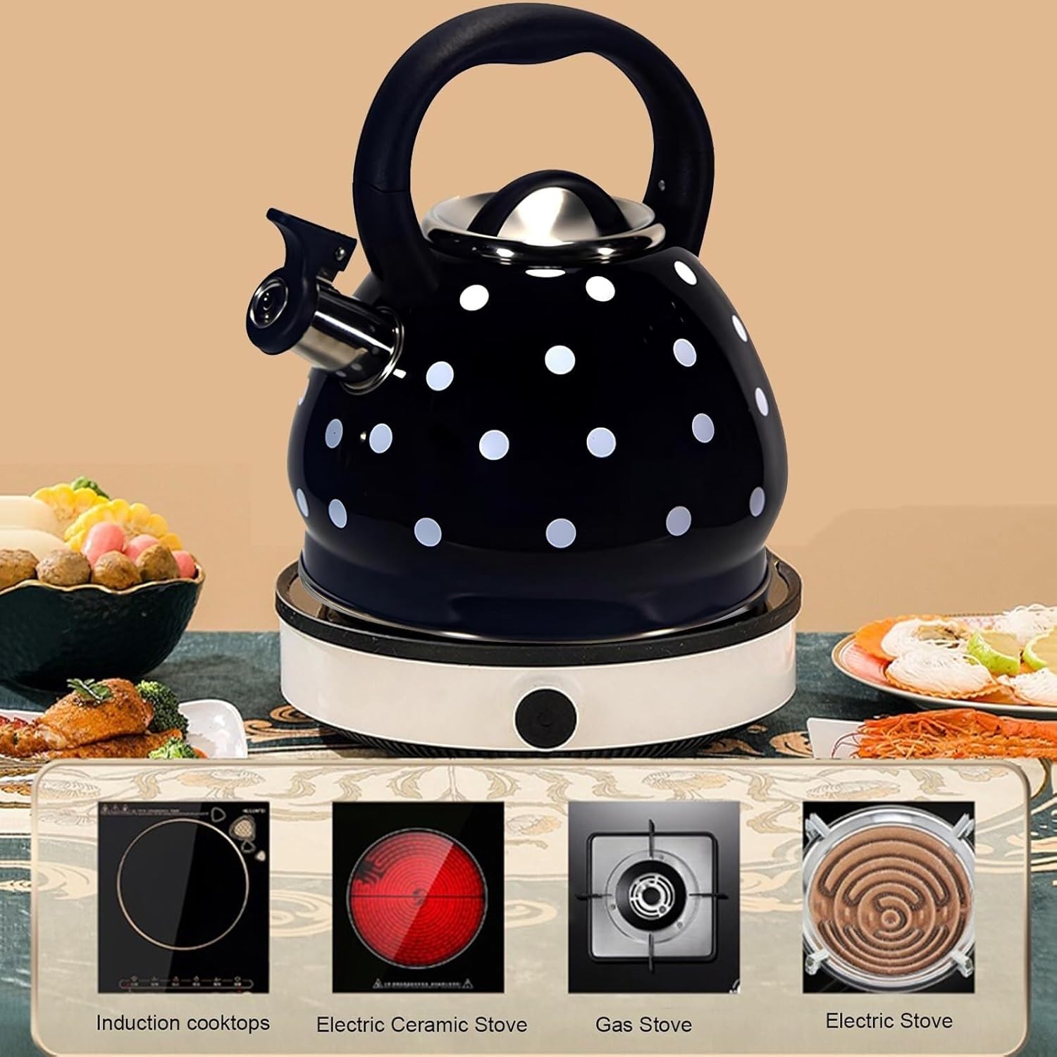 Polka Dot Tea Kettle Stovetop - 3.2QT 304 Stainless Steel Whistling Tea Pot, Induction Safe with Foldable Handle Loud Whistle Kettle for Tea, Coffee, Milk(Black)