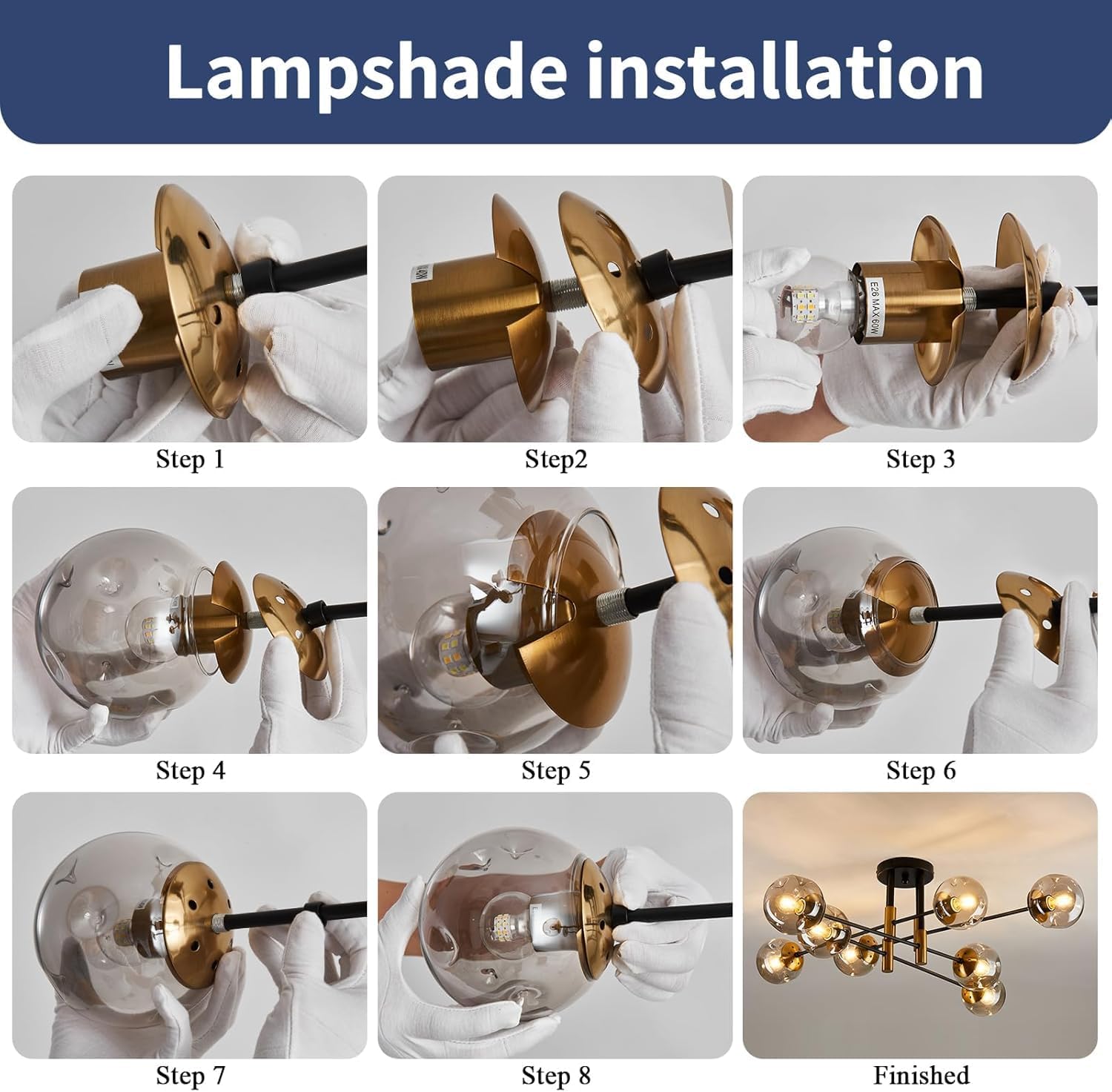 8 Light Sputnik Chandelier with Glass Globe Mid Century Modent Black Gold Ceiling Light Fixture Large Flush Mount Chandelier for Dining Room Bedroom Living Room Kitchen.