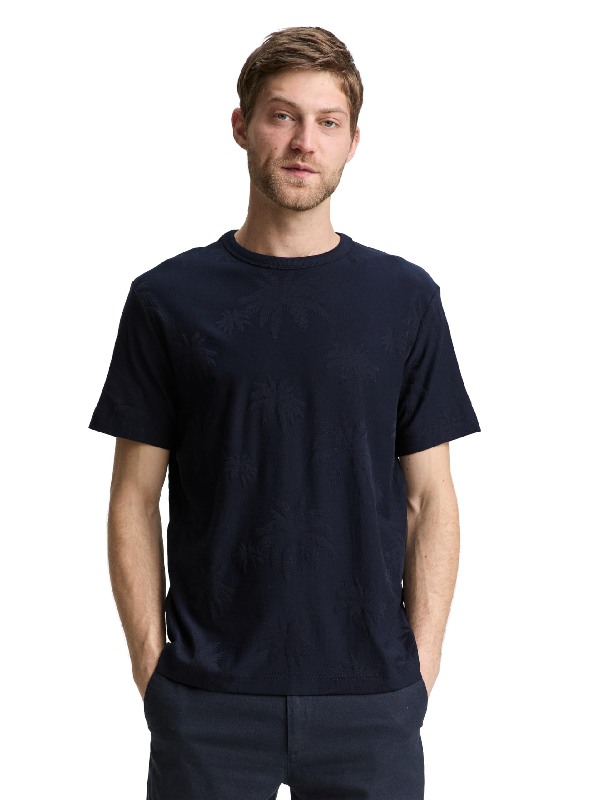 TOM TAILOR Men's 1046767 T-Shirt, 38033-Navy Palm Jacquard, XS