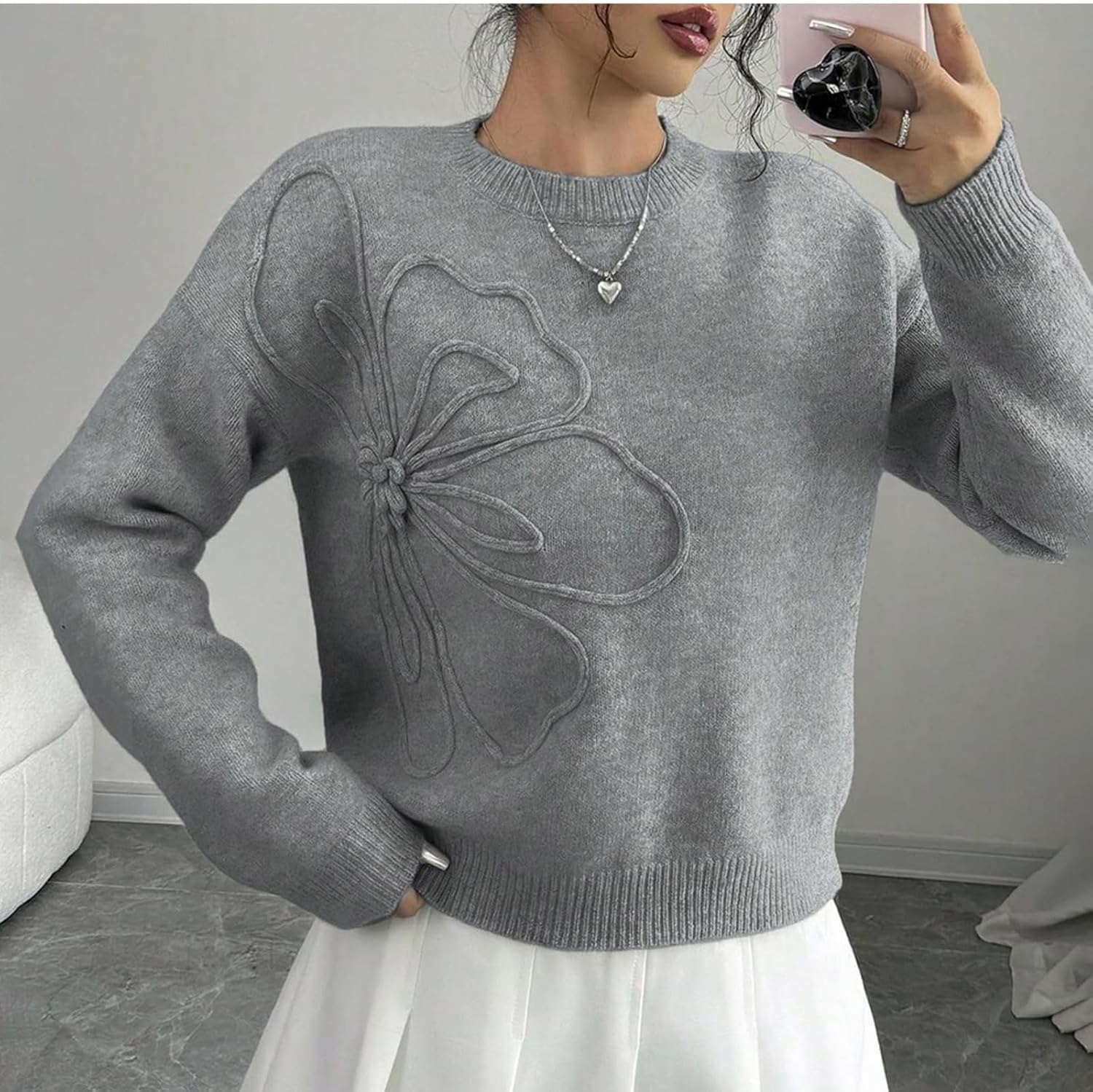 Women's 3D Floral Appliques Crewneck Sweaters Long Sleeve Drop Shoulder Pullovers Elegant Knit Tops - Image 5