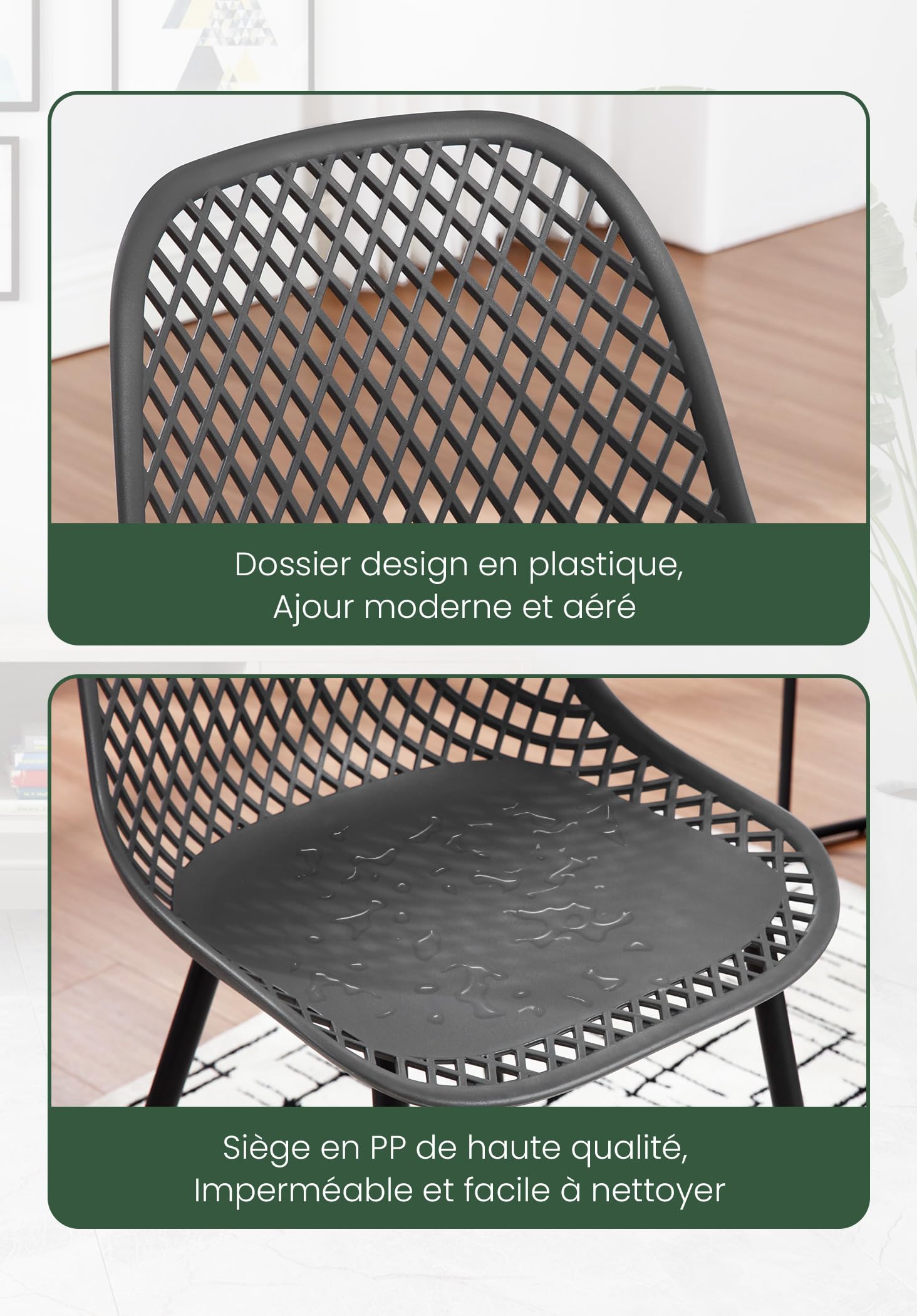 WOLTU Klihome Chaise de Salle à Manger Lot de 4,Noir | Chaise de Cuisine avec Pieds en Métal, Dossier Incurvé avec Design Évidé, Siège en PP