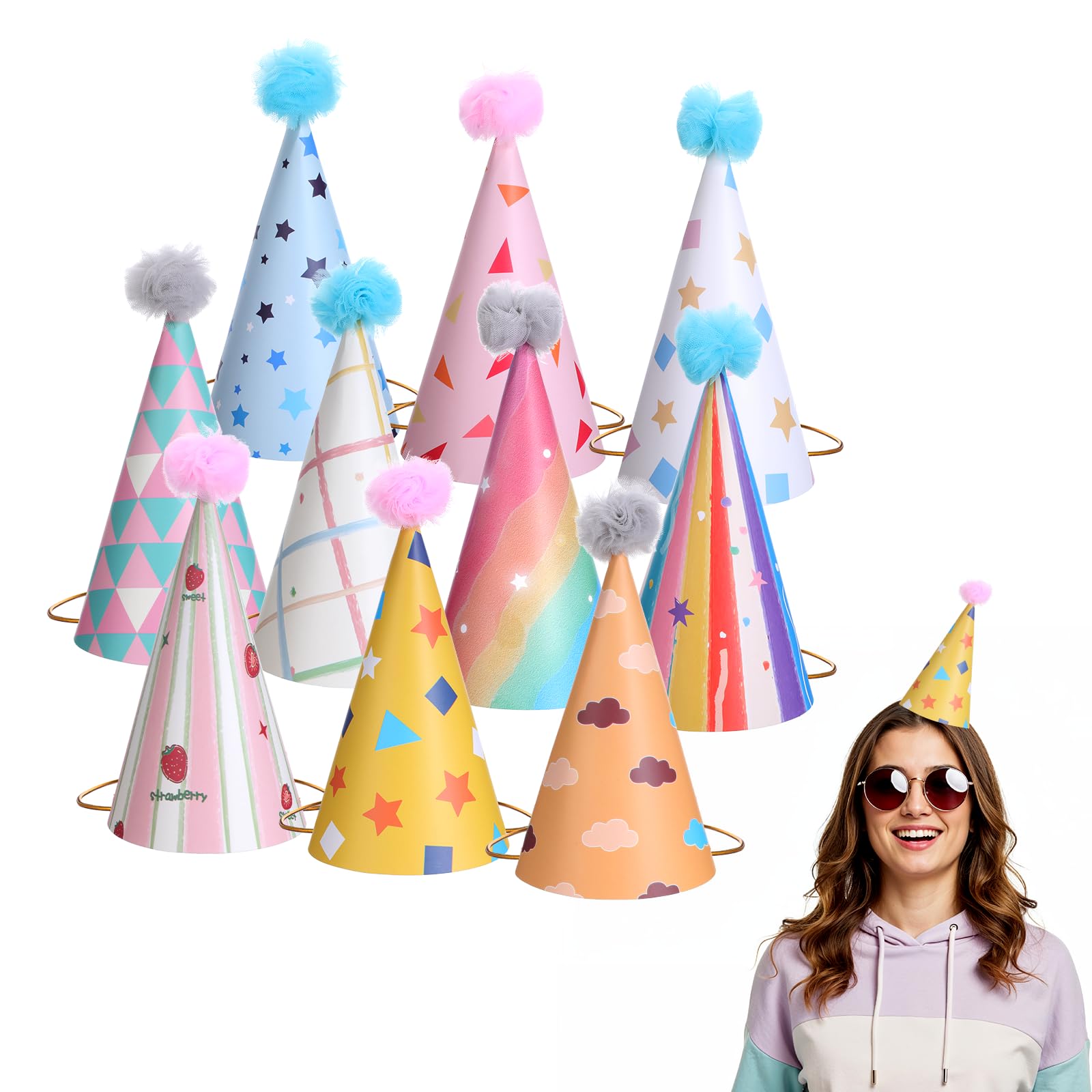 Aeaocvo 10 PCS Party Hats for Kids Adults, DIY Paper Cone Hat with Pom Poms, Colorful Birthday Hat, Birthday Party Hats for Fun Photo Props, Baby Shower, Celebration, Stuffed Animals, Pets