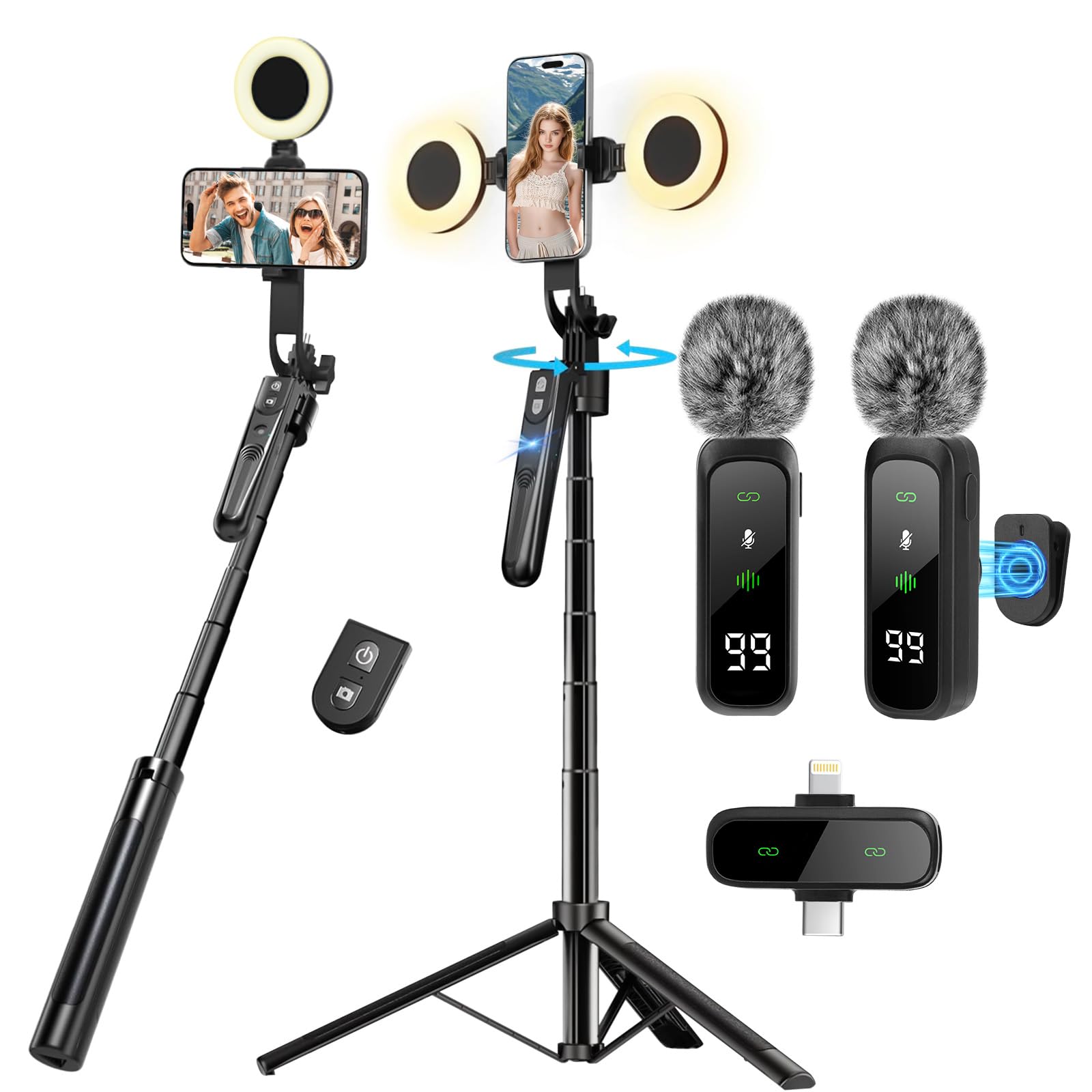 Vlogging-Set für iPhone/Android,180CM Handy Stativ mit Automatischer Gesichtsverfolgung 360°Drehung Handy Stativ Content Ersteller Starter Set mit Licht und Mikrofone,Selfie Stick Stativ für TikTok