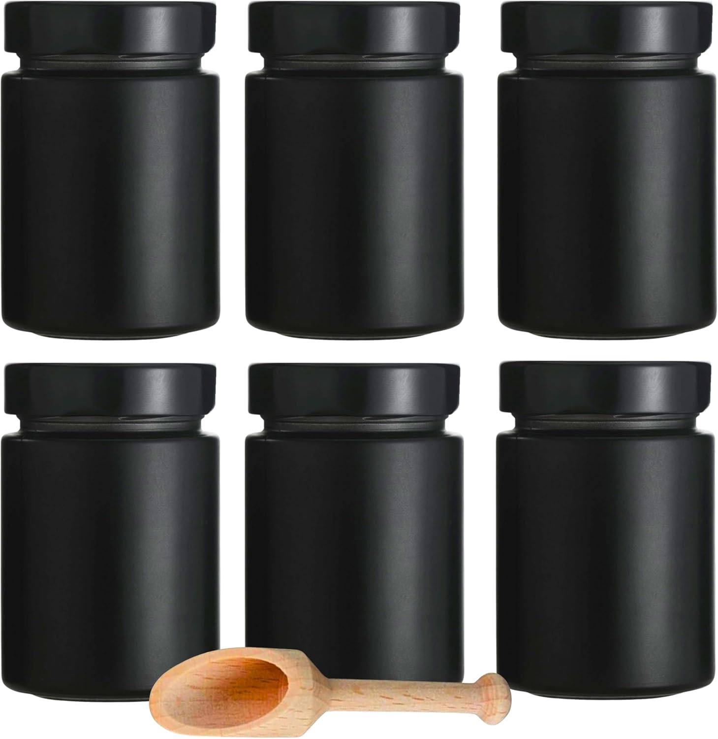 6 black spice jars, 190 ml, preserving jars with screw lid including a spice scoop.