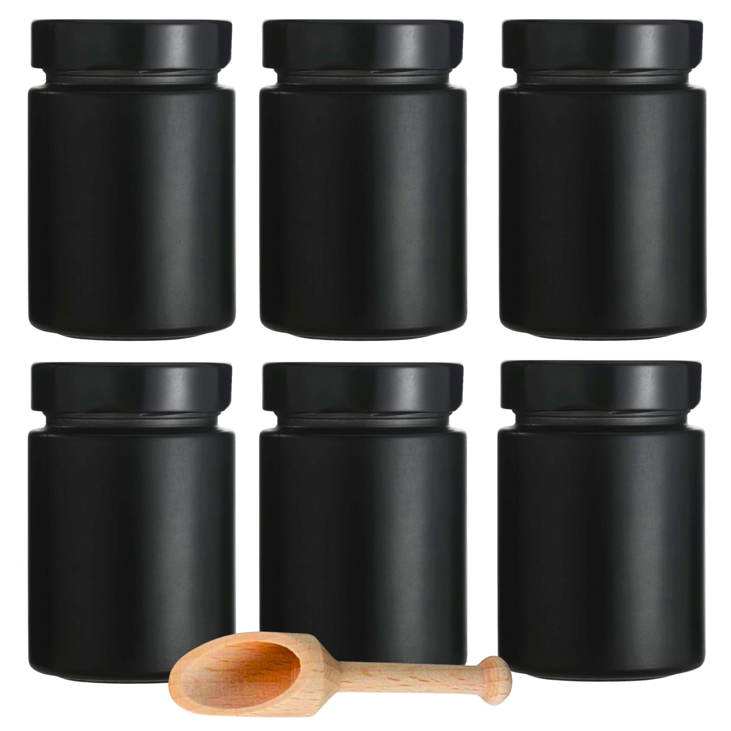 mikken 6 black spice jars 190 ml, preserving jars with screw lids including a spice scoop