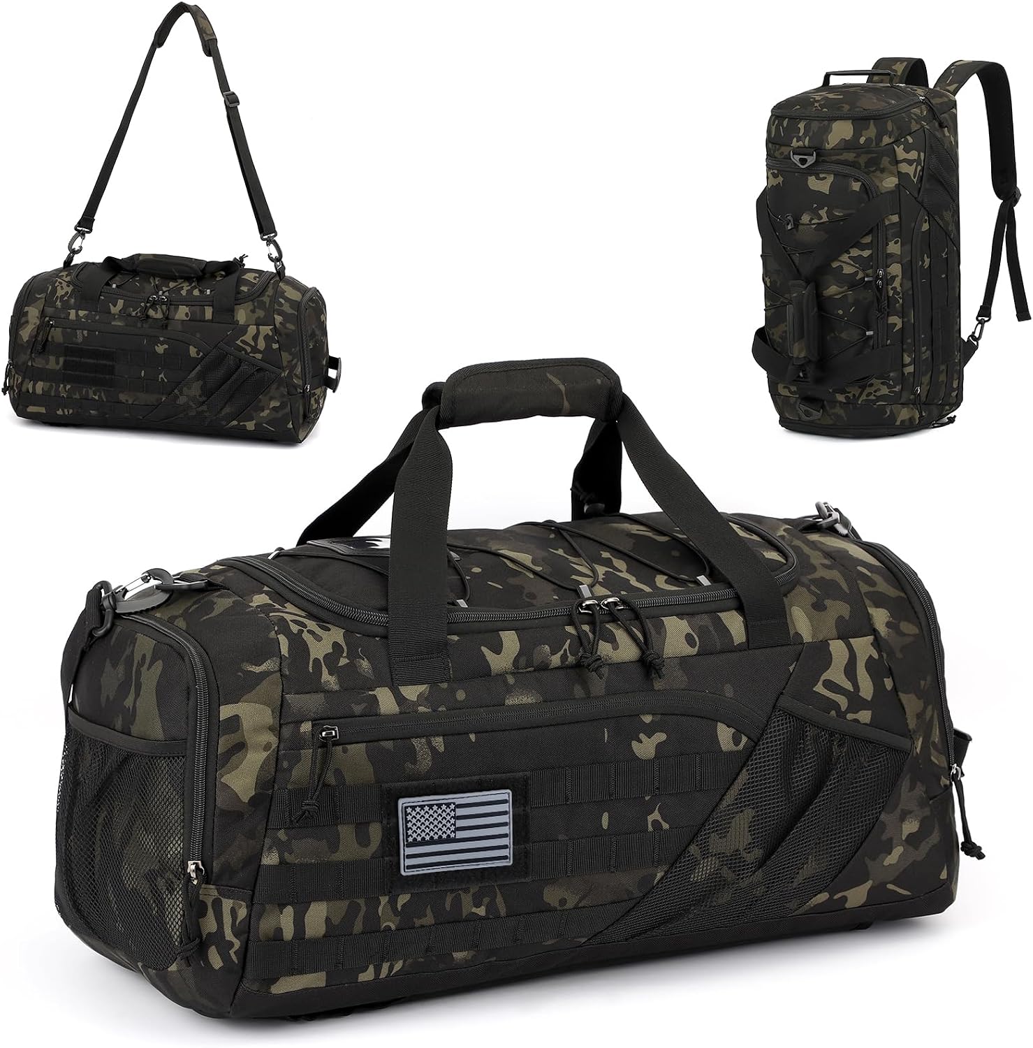 3-in-1 Tactical Duffle Bag Backpack for Men & Women Gym Bags 45L Military Sports Duffel Bag with Shoe Compartment & Wet Pocket Mens Weekender Overnight Bag for Traveling Workout, Camo