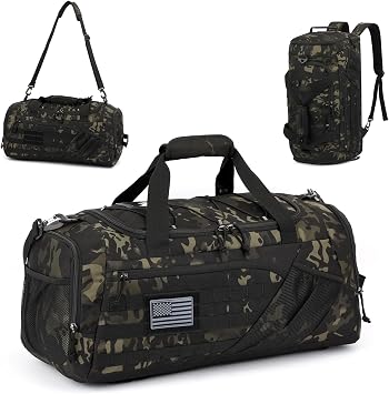 3-in-1 Tactical Duffle Bag Backpack for Men & Women Gym Bags 45L Military Sports Duffel Bag with Shoe Compartment & Wet Pocket Mens Weekender Overnight Bag for Traveling Workout, Camo