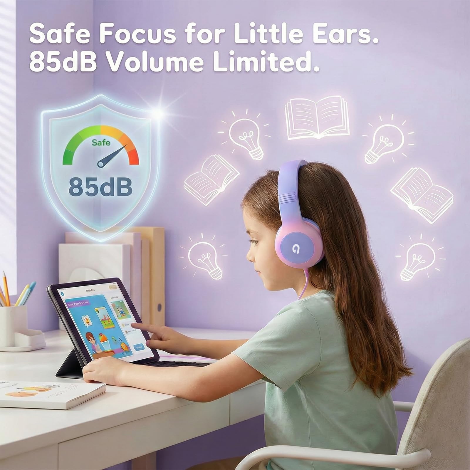 ADOOPE Cuffie cablate per bambini con spina USB C, volume sicuro 85 dB, archetto regolabile, senza grovigli, cuffie per scuola, tablet, viaggi (viola chiaro e rosa, senza microfono)