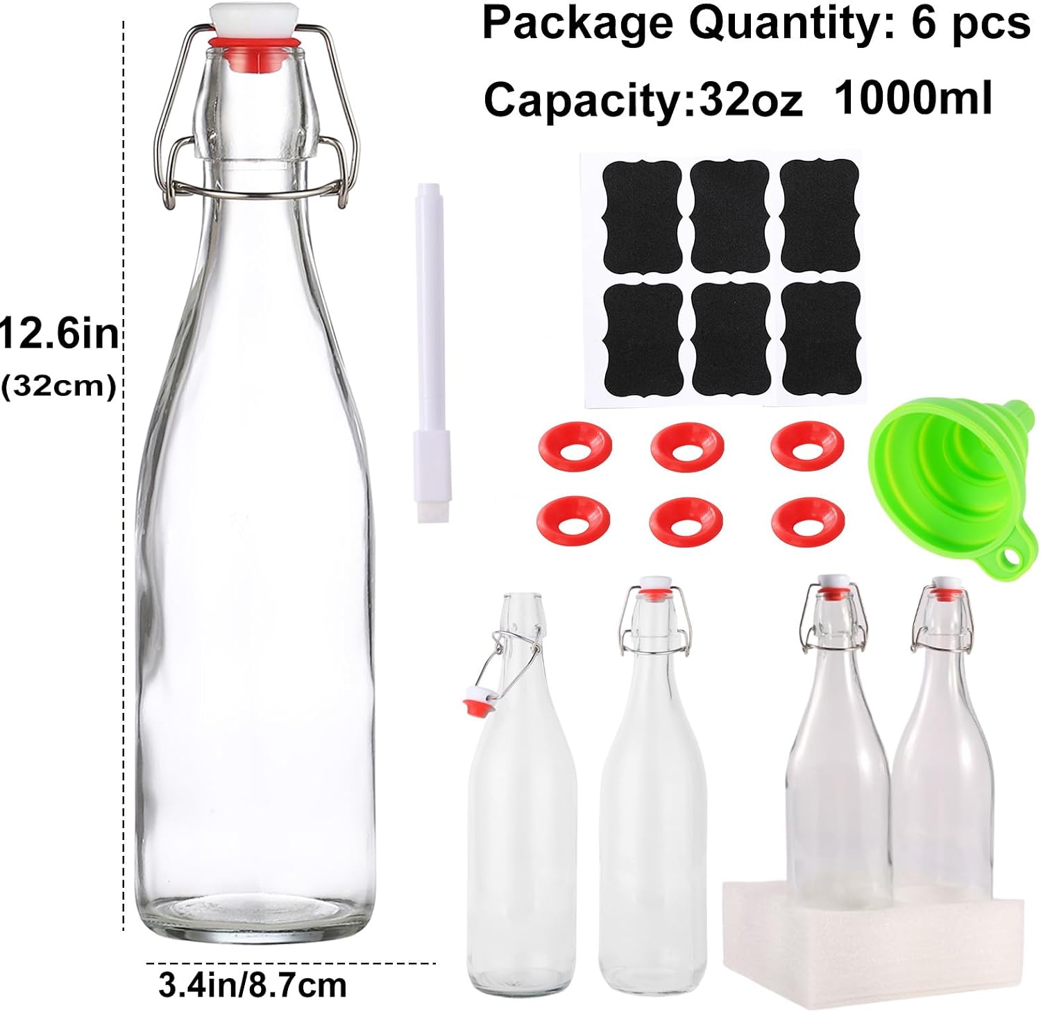 6 Pack swing top glass bottles 32 oz,flip top glass bottles 32 oz with airtight lids for Home Brewing,2nd Fermentation,Kombucha,Kefir,Vanilla Extract,Juice,Tea,Beverages,Soda,Oils,Vinegar,Limoncello