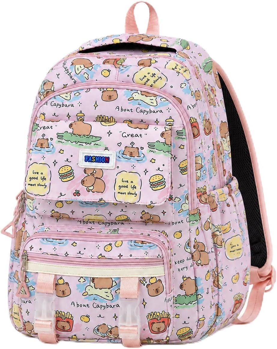 Capybara Backpack with Multi-Pocket Organizer, Water-Resistant Nylon Fashion Aesthetic Daypack, Large Capacity Bag for Capybara Lovers - 17" Height(Off White)