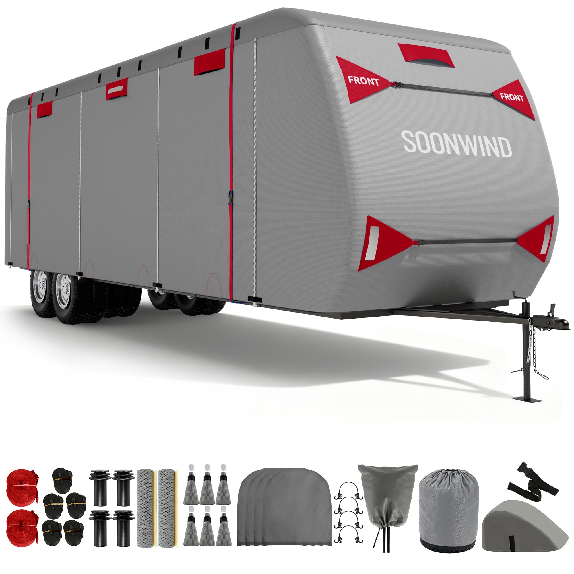 heavy duty 7 layers rv cover, camper cover & travel trailer cover 30-33ft, waterproof windproof all-weather protection with tongue jack cover, gutter covers & reinforced straps - red
