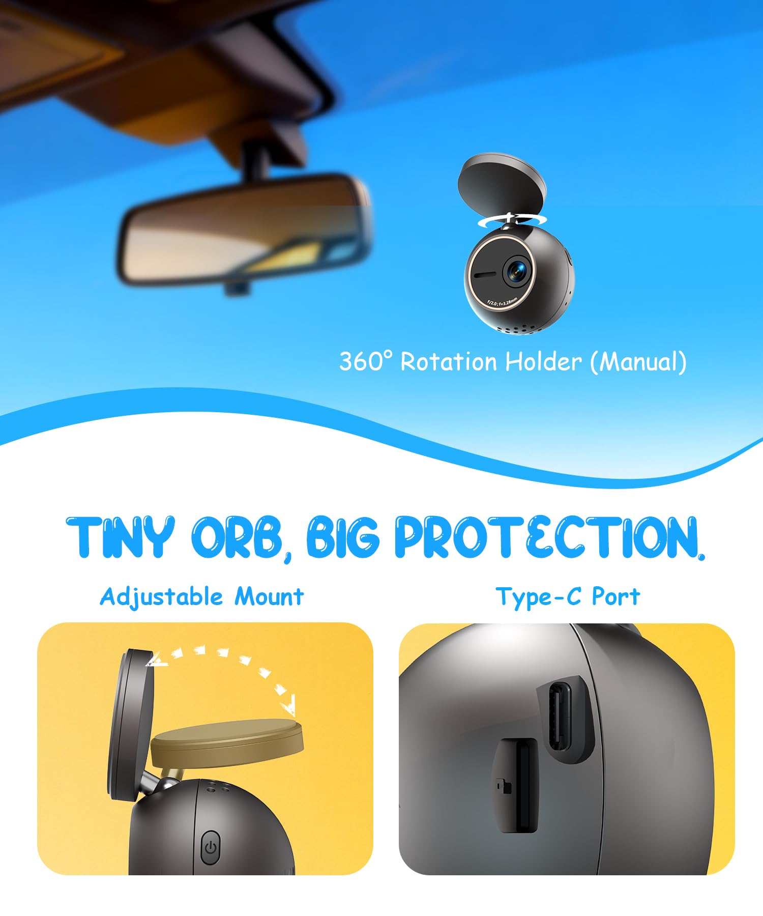 KAWA Dashcam 2K con controllo vocale – Mini fotocamera frontale a sfera, supporto girabile 360°, scheda SD 32GB, Wi-Fi & App, sensore G, motore NightEagle, parcheggio 24h – Videorecorder auto