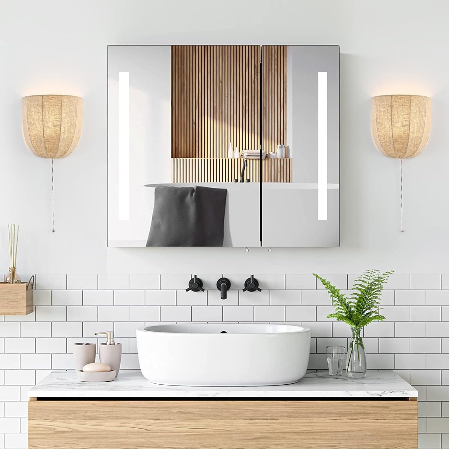 Rustic Wall Sconce Light with Pull Chain, Modern Farmhouse Wall Light Fixtures Set of 2, Fabric Wall Lamps for Bedroom Kitchen Bathroom Living Room