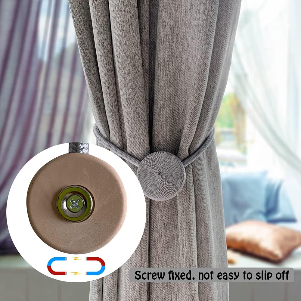 Magnetic Curtain Tiebacks Decorative Drapery Holdbacks, 2 Pack Window Drape Ties, Weave Rope Clips for Blackout/Sheer Window Treatment (Silver-Q): Kitchen & Dining