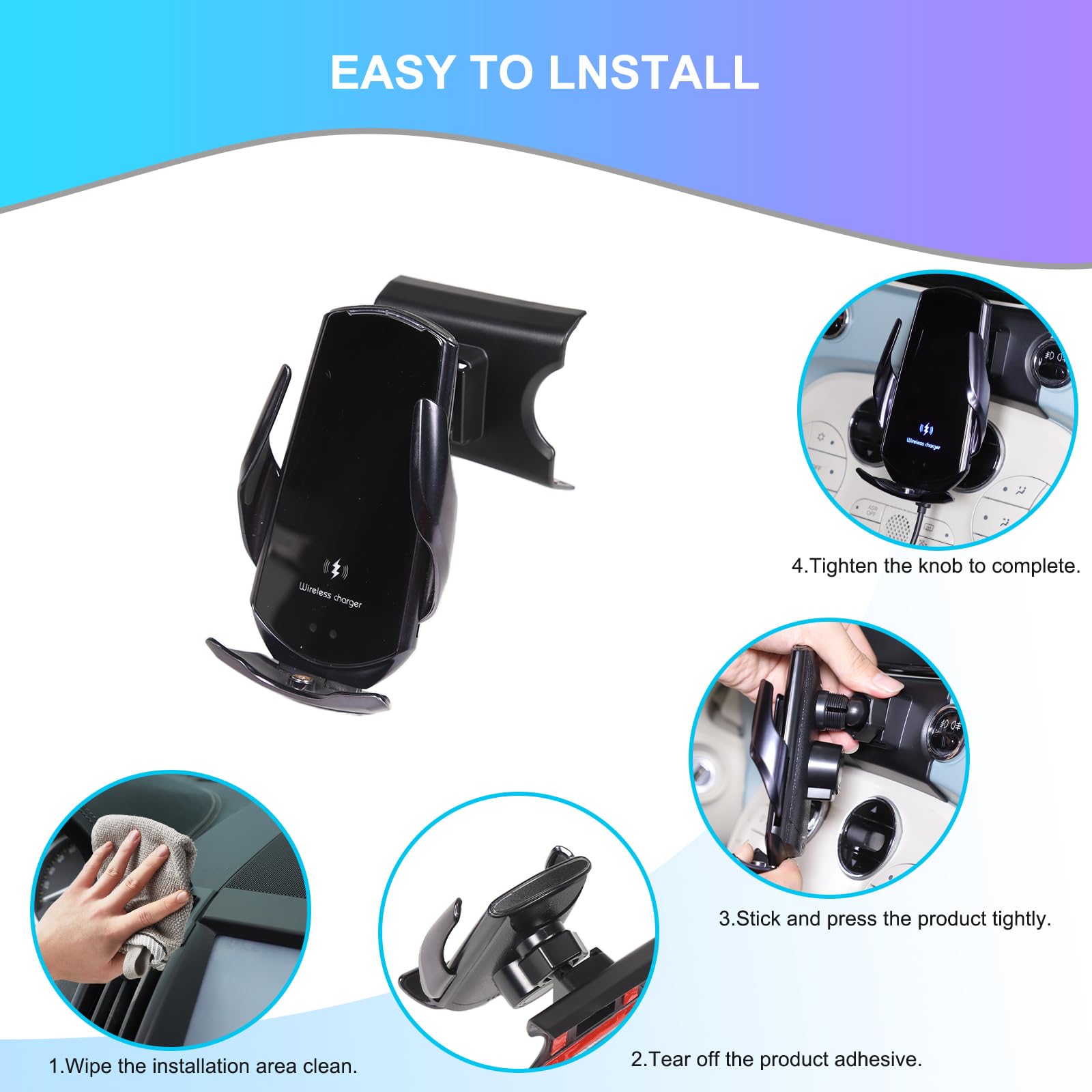 PIUGILH Supporto per cellulare per auto con funzione di ricarica, adatto per Fiat 500 2016-2024, ricarica wireless per telefono auto, adatto per smartphone da 4 a 7 pollici
