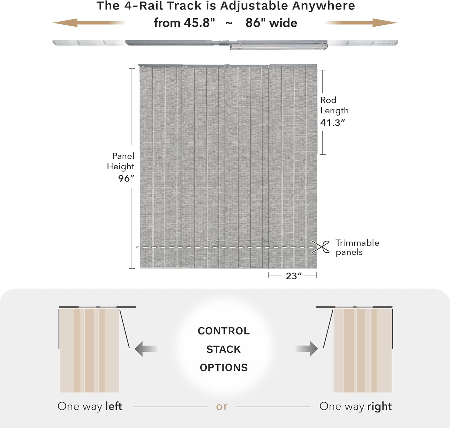 GoDear Design New Blackout Adjustable Patio Door, Thermal Backing Vertical Blinds, Panel Track Blinds, Extendable Track from 45.8 to 86 W, Trimmable Panel Curtains Up to 96 H, Airo Luxe