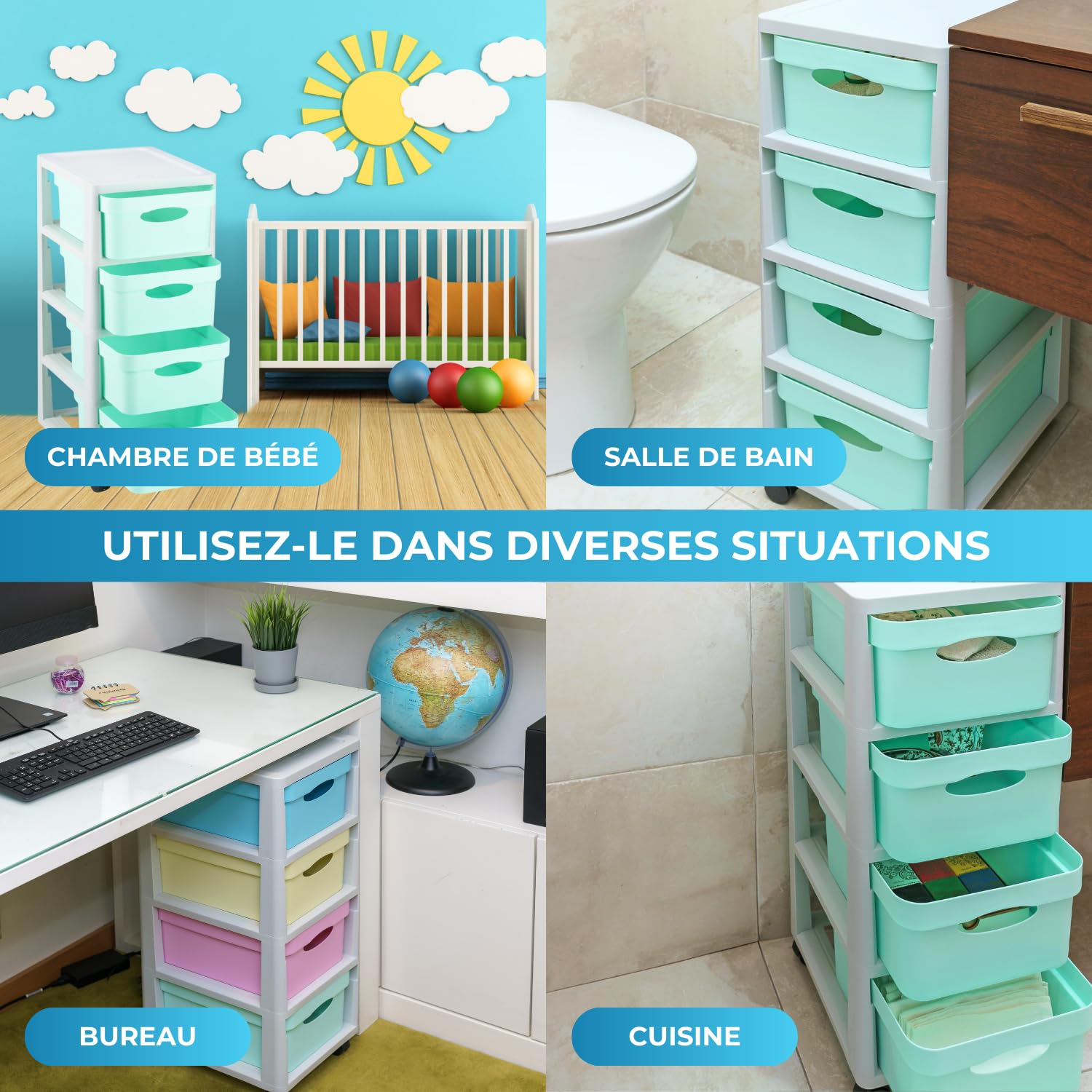 Meuble rangement enfant tour en plastique meuble ecole bac à roulettes boite tiroir empilable jouet bureau chariot a tiroirs colorés - Fabriqué en Europe