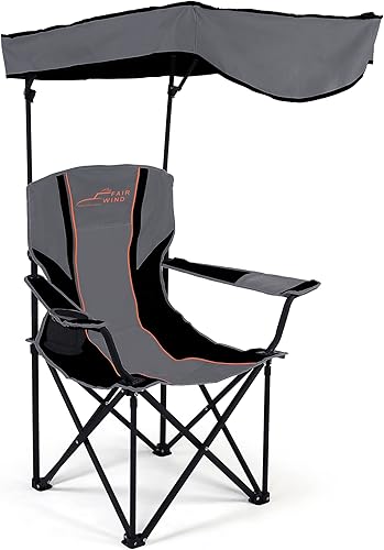 FAIR WIND Sillón de camping de gran tamaño con toldo de sombra ajustable, silla plegable cuádruple, soporte de 350 libras (negro gris)
