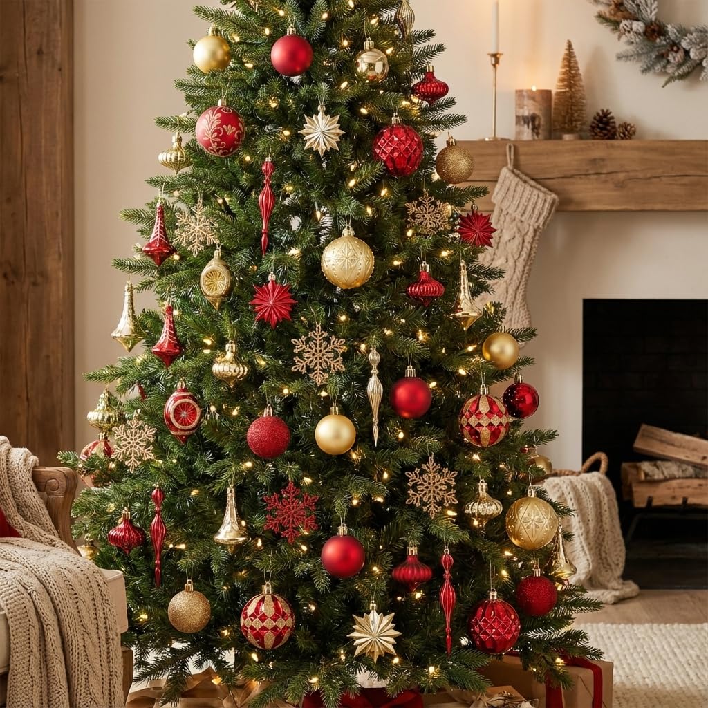 Valery Madelyn Lot de 100 Boules décoratives incassables à Suspendre en Plastique pour Noël, fiançailles, Anniversaire, Mariage, Vacances Rouge et Or