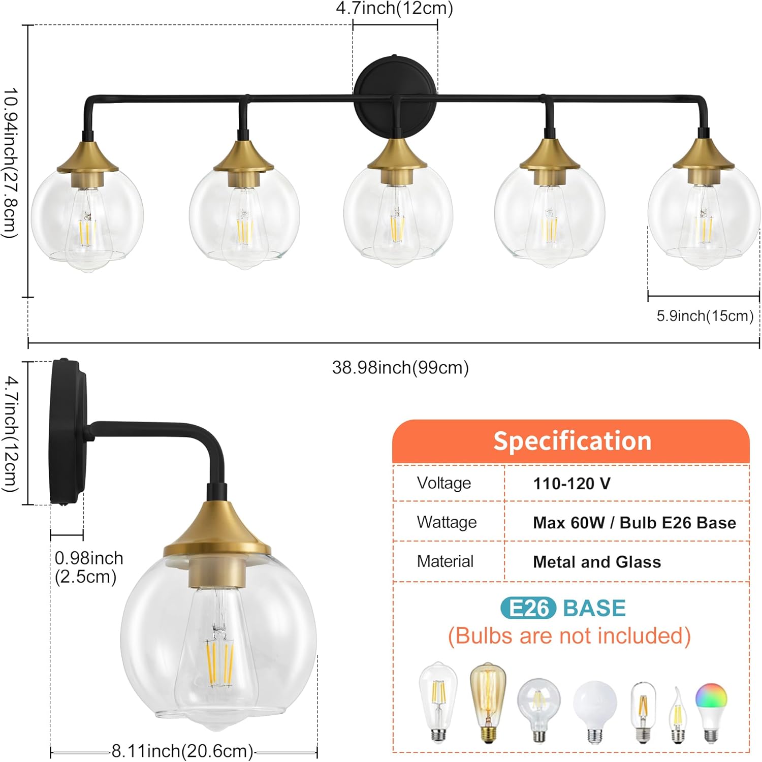 Bathroom Vanity Light with Clear Glass Shade, E26 Base, Vanity Lighting Fixtures Over Mirror, 39 Inch Vanity Lights for Bathroom (Exclude E26 Bulb) (Black and Gold, 5-Lights)