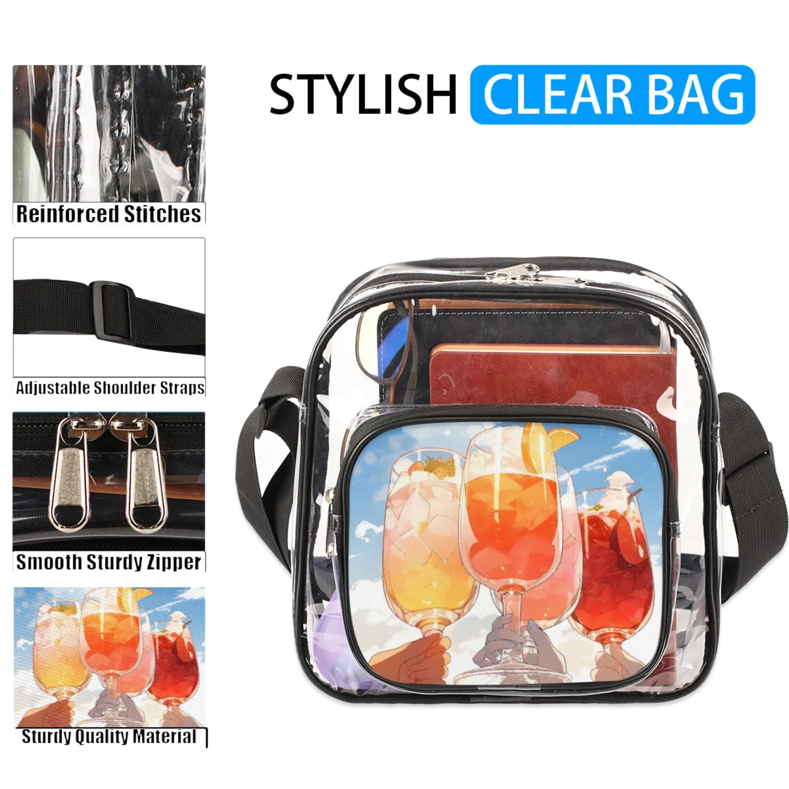Clear Crossbody Bag Stadium Approved Cool Drinks Transparent Bag for Festivals, Sports Events, Concerts,Beach Bag for Women Men Summer Clear Purse with Front Pocket Messenger Bag with Adjustable Strap