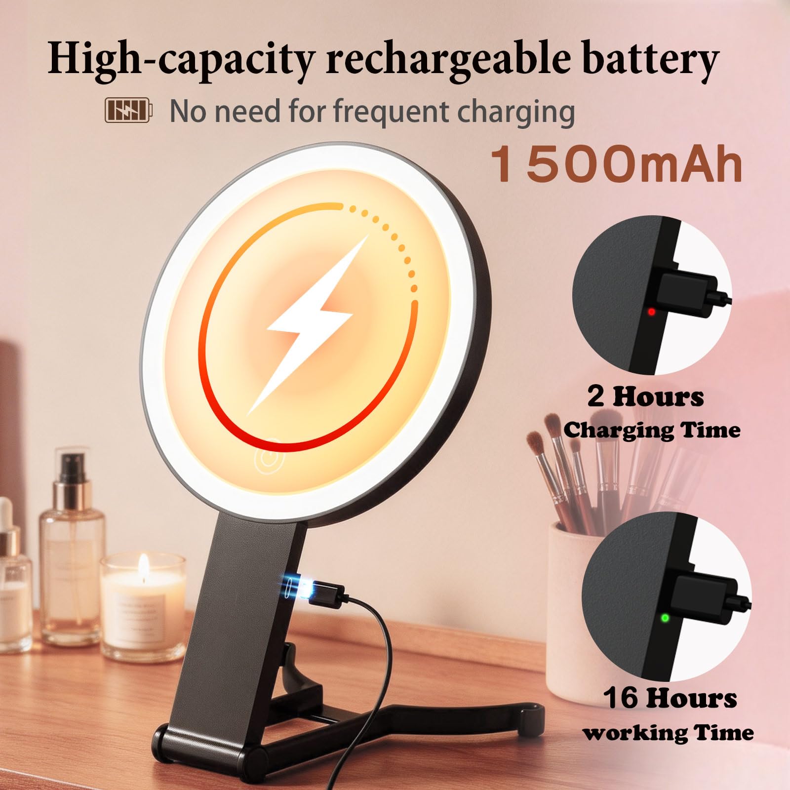 Black Handheld Makeup Mirror with Lights, Rechargeable Double-Sided Magnifying Mirror