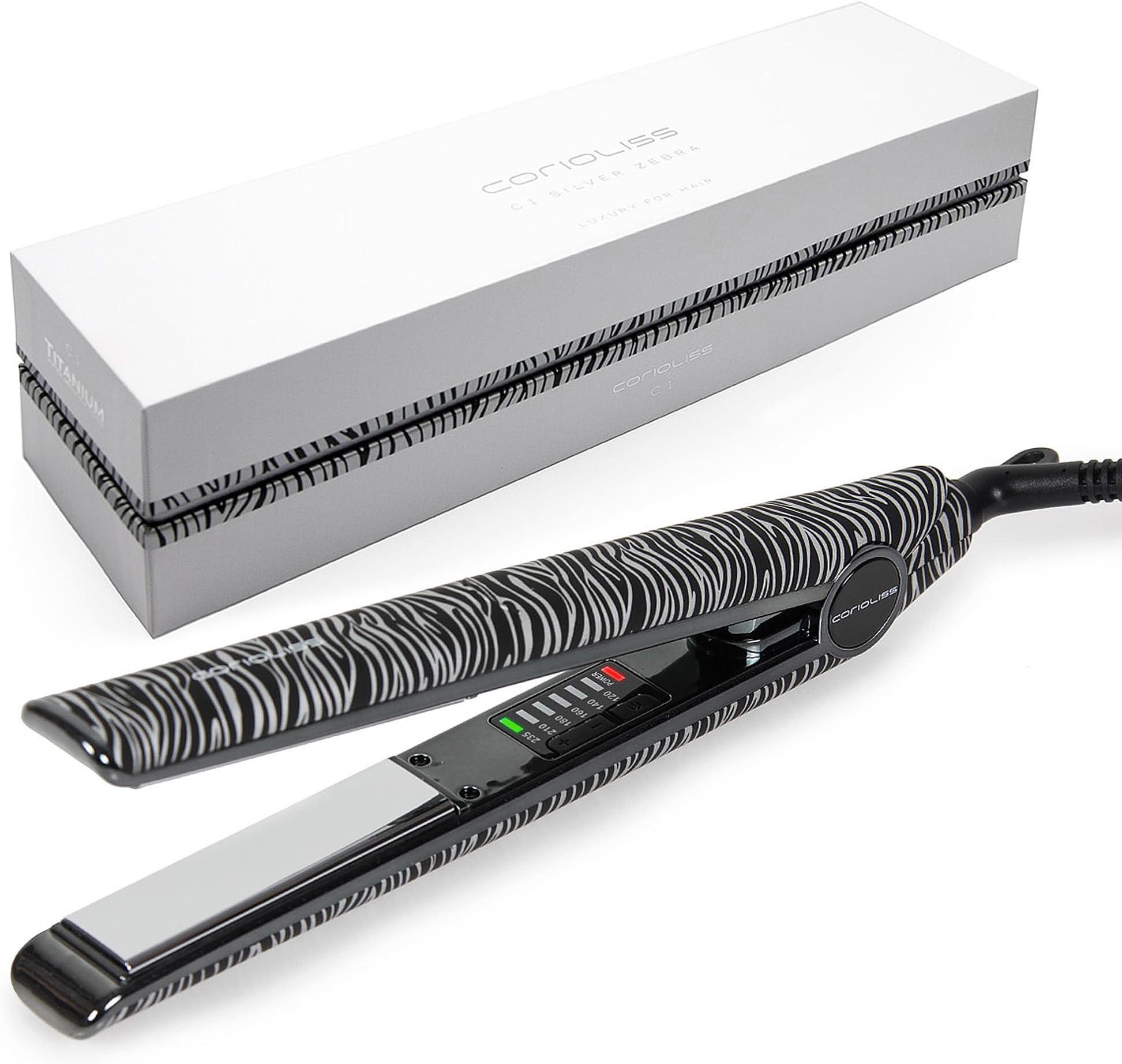 Corioliss C1 Hair Straightener for Women | Professional Titanium Plates | Ionic Flat Iron | Temperature Control 120°C to 235°C | Straightening and Waves | Travel Case | UK Plug | Zebra Silver