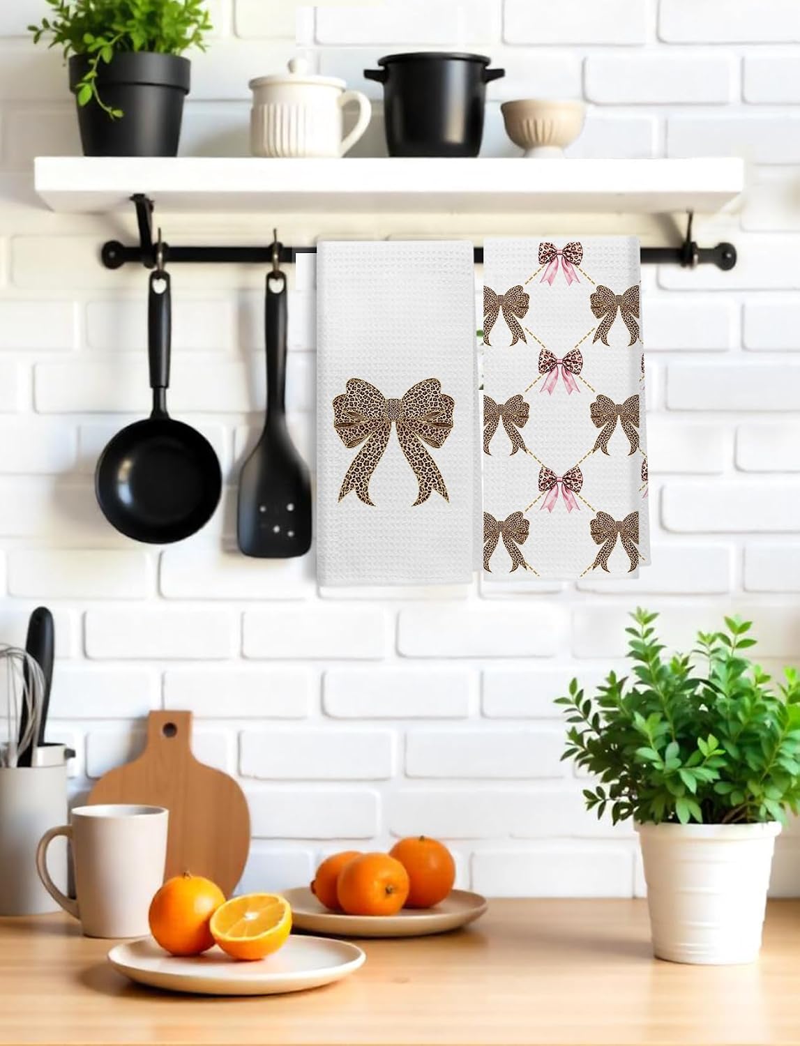 Coquette Leopard Print Modern Bow Kitchen Bathroom Towels 16x24 Inch Set of 2,Trendy Cheetah Print Dish Hand Tea Towels,Coquette Girly Bathroom Decor image 3