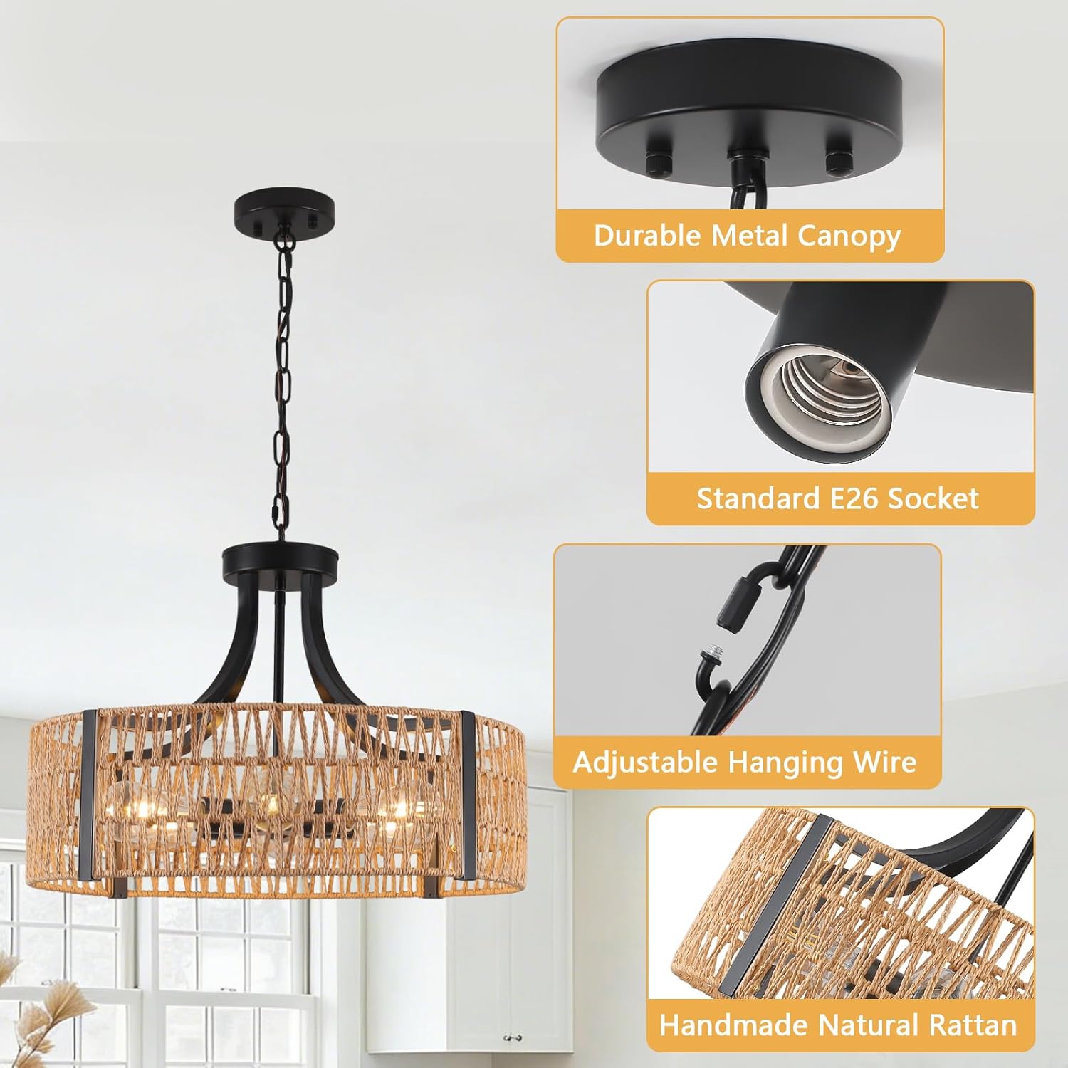 Large Farmhouse Chandeliers for Dining Room, 6-Light 21.6”Rattan Chandelier with Wicker Lampshade Hand Woven Boho Light Fixture for Kitchen Island, Living Room, Bedroom(E26 Bulbs Not Included)