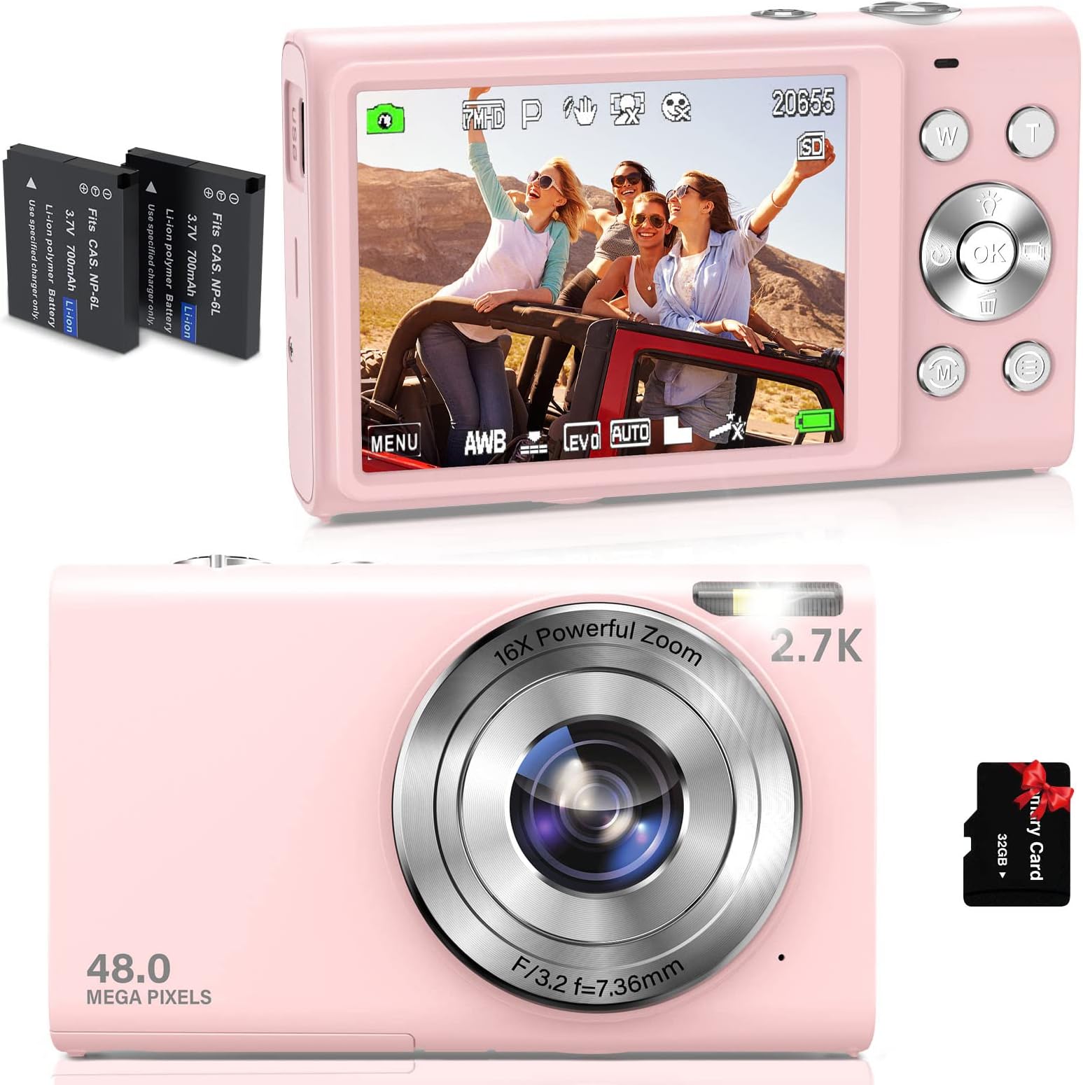 JckduhanDigital Camera Auto Focus 2.7K Vlogging Camera HD 48MP 16X Digital Zoom Camera with 32G Memory Card 2 Batteries YouTube Portable Mini Compact Camera for Kids Teens Adult Beginner