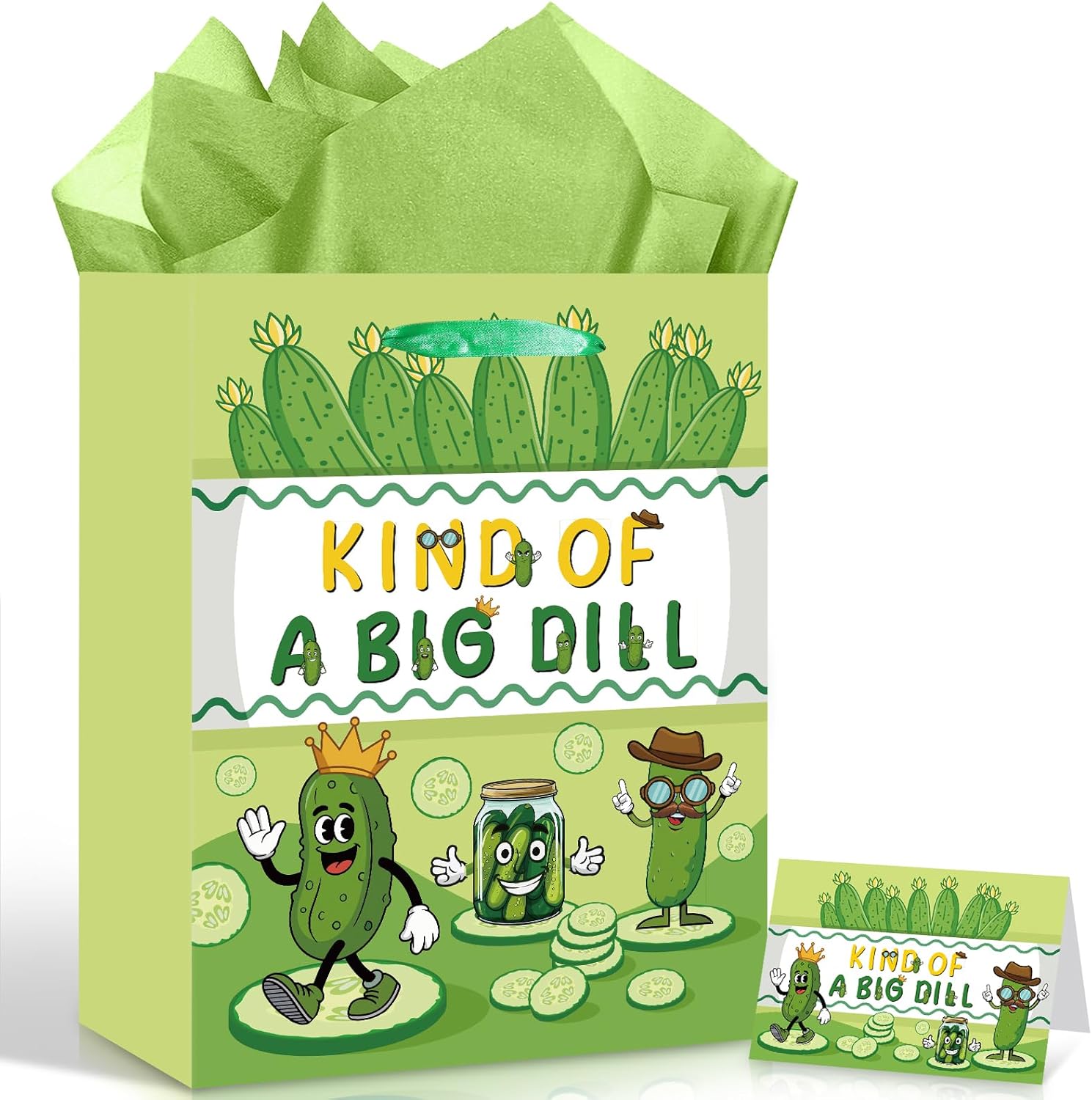 Pickle Gift Bag Funny Pickle Birthday Decorations Kind of A Big Dill Wrapping Bag with Green Tissue Paper and Card Cute Cartoon Fruit Cucumber Party Favor for Boys Girls Birthday Bday Party Supplies
