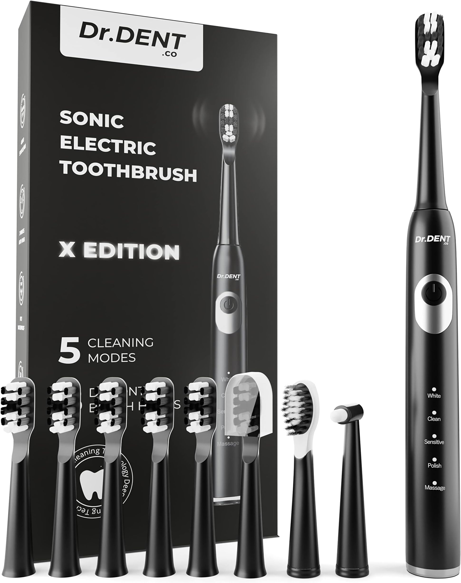 DrDent X Edition Sonic Electric Toothbrush - 8 Dupont Brush Heads - 5 Cleaning Modes with Smart Timer - Interdental and Tongue Cleaner Brush Head Included - One Charge Lasts 60 Days